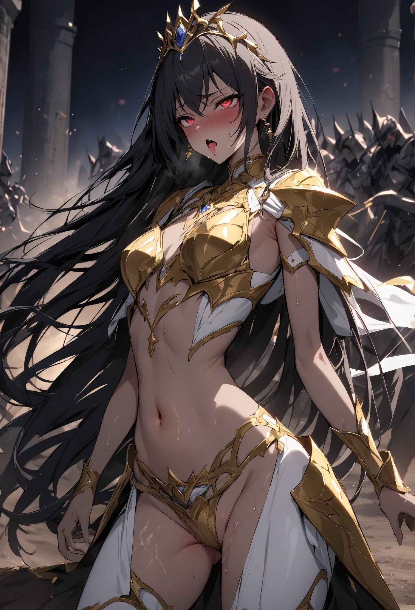 {{amazing quality, great quality, high quality, very aesthetic, aesthetic, best quality}}}}, 
realistic, photo, shadow, Three-dimensional, absurdres, Digital art, 
{{{{Magical girl}}}}, beautiful girl, one girl, 
black hair, long straight hair, hair, trimmed hair, shiny hair, blunt bangs, short sideburns, 
brown eyes, tareme, 
{{flat chest}}, {{small breasts}}, {{detailed body}}, slim thighs, thin thighs, {{{{{Princess Knight}}}}}, {{{{white full body tights}}}}}, {{{golden breastplatered}}}, {{{Visible chest}}}, {{gold chest armor}}, {{gold arm armor}}, {{gold leg armor}}, {{{{covered navel}}}}, {{{both shoulders expose}}}, heart-shaped choker on left arm, upper body, heart brooch, white headband, white circlet, distress, resistance, defeat, inferiority, sexual pleasure, troubled face, shy, orgasm, trembling, disheveled hair, torn clothes, wet clothes, melted clothes, damaged clothes, take off one's clothes, transparent clothes, groin, vagina, {{{{{紳士ハンド}}}}}, monster's hand floating in the air, Massaged by multiple monster's hand, Mangled by multiple monster's hand, multiple perverts, clothed sex, Intercrural legs, rape, bind, restrain the arms, restraining legs, attacking multiple monster, My chest is caressed by multiple monster, My crotch is caressed by multiple monster, My body is licked by multiple monster, My armpits are licked by multiple monster, My nipples are licked by multiple monster, My crotch is licked by multiple monster, closed eyes, 