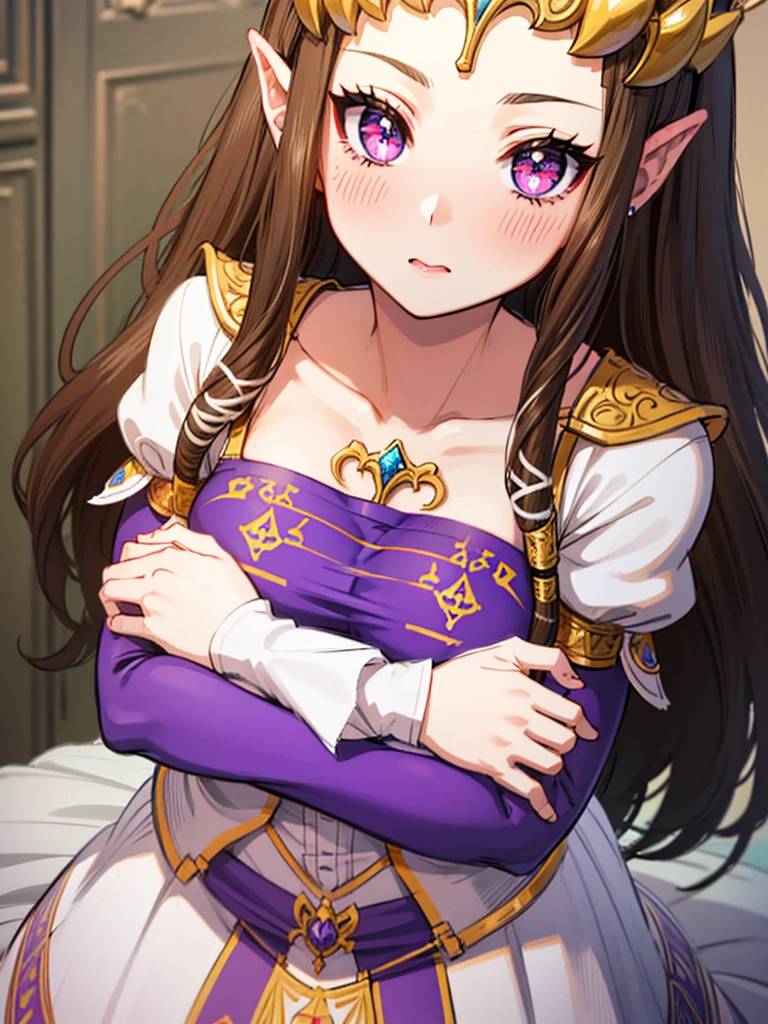 (((()))),((())),(((Side angle))),(((Expressionless))),((((Striking a sexy pose)))))),((Upper Body)),((alone)),((),Anime art style,masterpiece,(Highest quality), (Super detailed),(Very delicate and beautiful),(alone),(detailedな顔と目),Beautiful eyes like jewels,(,(((Mature Woman,Queen))),(()),((crinoline)),,((Straight Long Hair)),,Cleavage,(bed),length_gloves,Very gorgeous hair accessories,、(((()))),((((Adult Expressions)))),((((Beautiful Face)))),((((dress)))),(()),(((Long Hair)))),((((Straight hair)))),((Cleavage)),((((Dark brown hair)))),Princess Zelda,((chest is slightly exposed)), ((Highest quality)),,(Very detailed) ,(((((Purple blouse))),(()),Brown Hair,, ((Highest quality)), (Very detailed),((detailed)),(((pray))),Nintendo, The Legend of Zelda),,((alone)), ((Highest quality)), (((Portrait of a Person))), ,