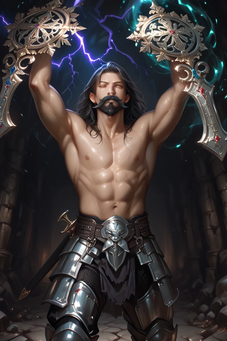Crie uma imagem de um homem moreno de cabelos longos, barba, corpo atletico, wearing white period clothes. He is holding a scales of justice in one hand and a sword in the other.. The background of the image is a chaotic and apocalyptic scenario.