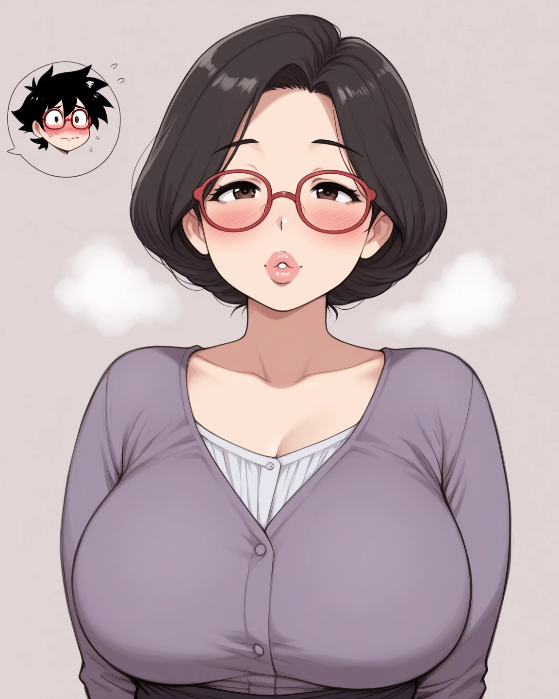 score_9, score_8_up, score_7_up, source_anime, BREAK, (((yew))), , 1girl, solo, black hair, black eyes, glasses, milf, sweater, large breasts, plump, curvy, thicc, breast squeeze, breasts squeezed together, leaning forward, hair bun, blush, 