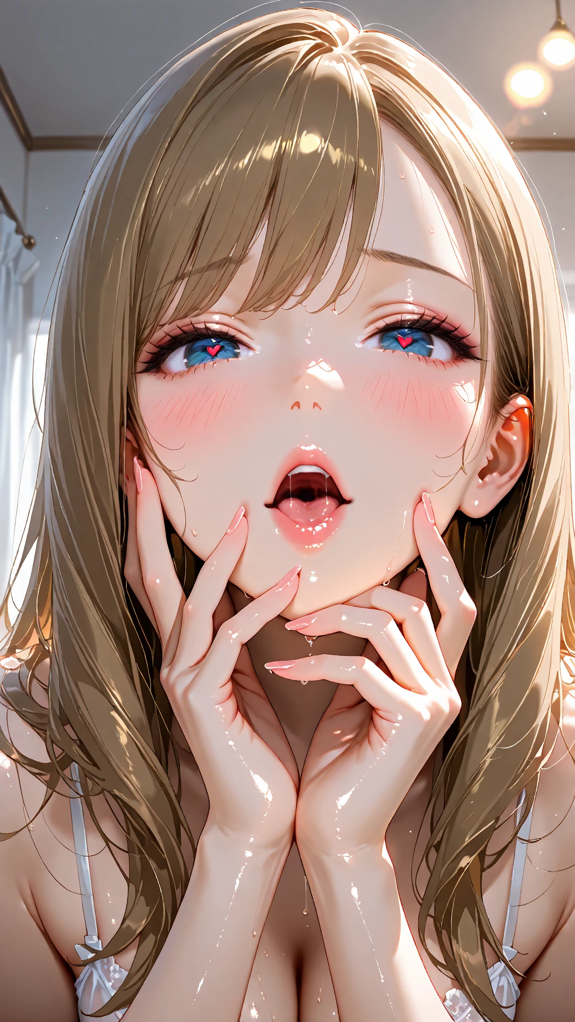 highest quality ,masterpiece, shape, very delicate and beautiful, very detailed ,cg ,unity ,8k wallpaper, wonderful, finely, masterpiece,highest quality,official art,very detailed cg unity 8k wallpaper,confused, incredibly confused, Super detailed, High resolution, very detailed,12 years old.beautiful detailed woman、random hairstyle、small breast women（:1.6）、light shines on your face,Close-up of the face from the front、one woman、Opening her shirt to show her nipples、nipples are small、The areola is pale pink、No underwear、blush shyly、woman hugs a man、She takes the viewer&#39;s erect penis into her mouth all the way to the base、A realistic erect penis for the viewer、the woman crawls on all fours、A woman is massaging her breasts、She&#39;s taking the viewer&#39;s penis all the way down her throat、The viewer&#39;s penis is covered in saliva and white semen.
