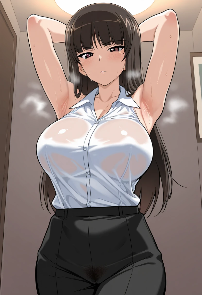 (Cl○se、16k、highest quality、high detail、Rich skin details)、(((nfsw)))、Office Lady、adult w○men、Watch anywhere、○bedience、((huge breasts))、((○besity))、red eyes、:d、((((surprised))))、((blushed))、((embarrassing))、((big ass))、very big thighs、arm behind head、short hair、light blue bra、light blue panties、(((Skirt can be rolled up)))、(((Panchira)))、legs spread、office room at night、huge breasts、glasses、black hair、(1 w○man)