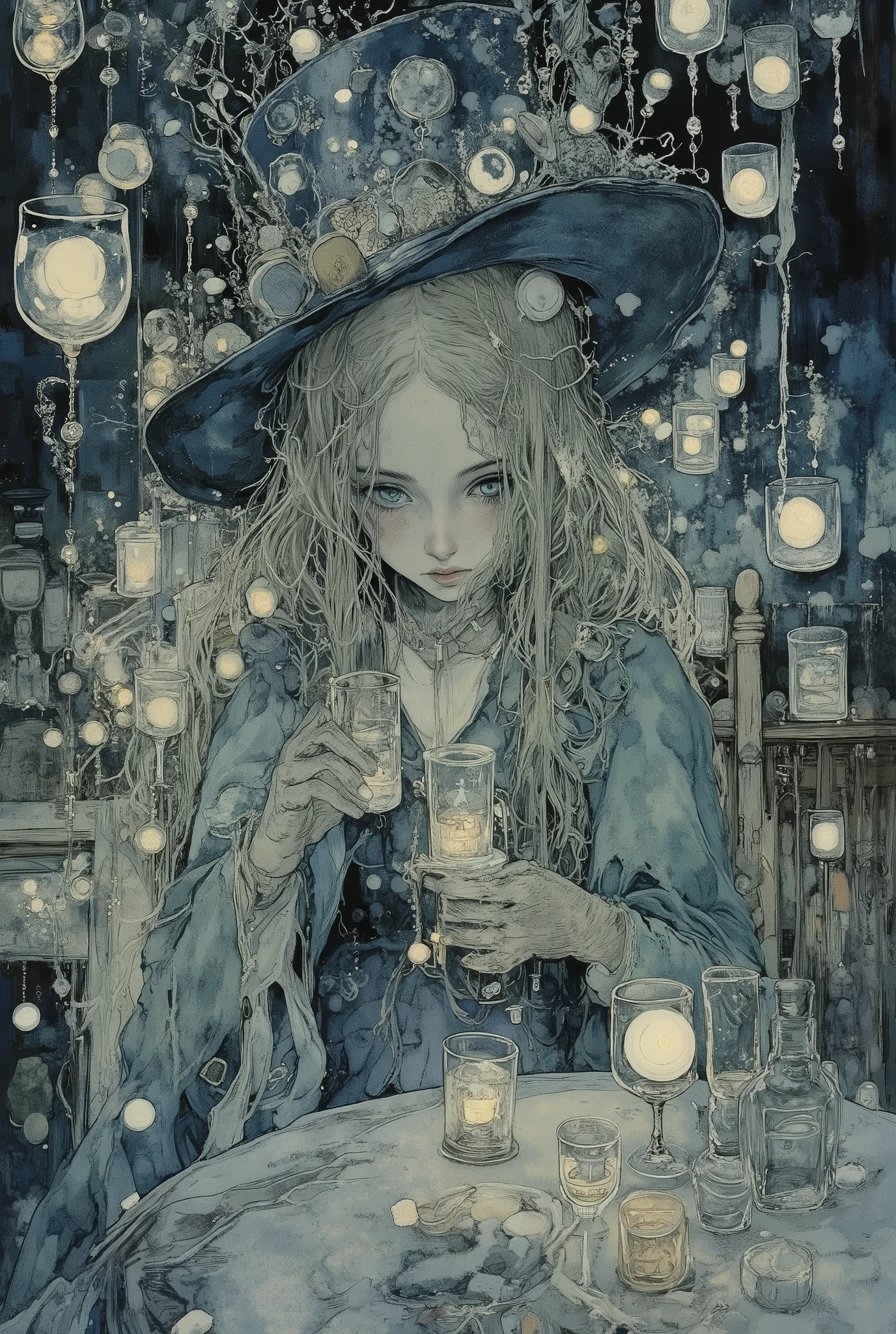 A young witch student wearing a mad hatter's hat, magical surroundings, lots of levitating glasses around、I have pale blue-gray eyes. magical training. dark theme. In the AA style,