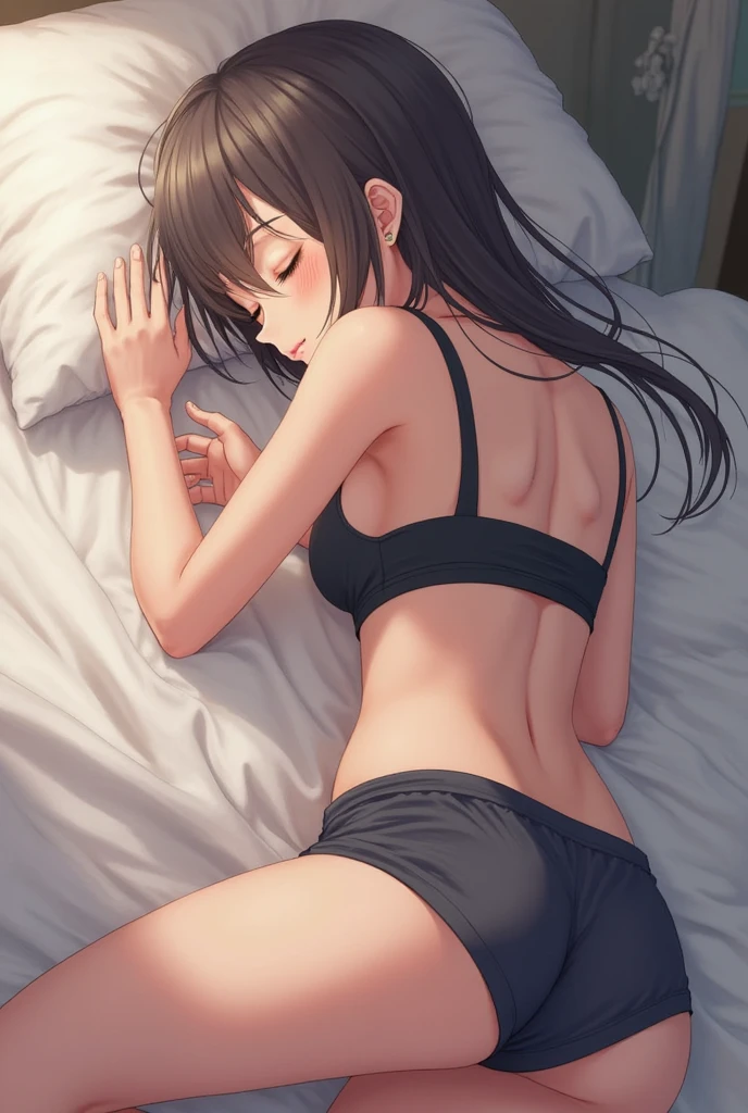 Taeko Kondo、Girls&Panzer、Brown Hair、Short Hair、((Black Panties))、Photo from below、Medium chest、Bedroom、(Black Bra)、Red ribbon、((Black thigh-high socks))、Healthy images