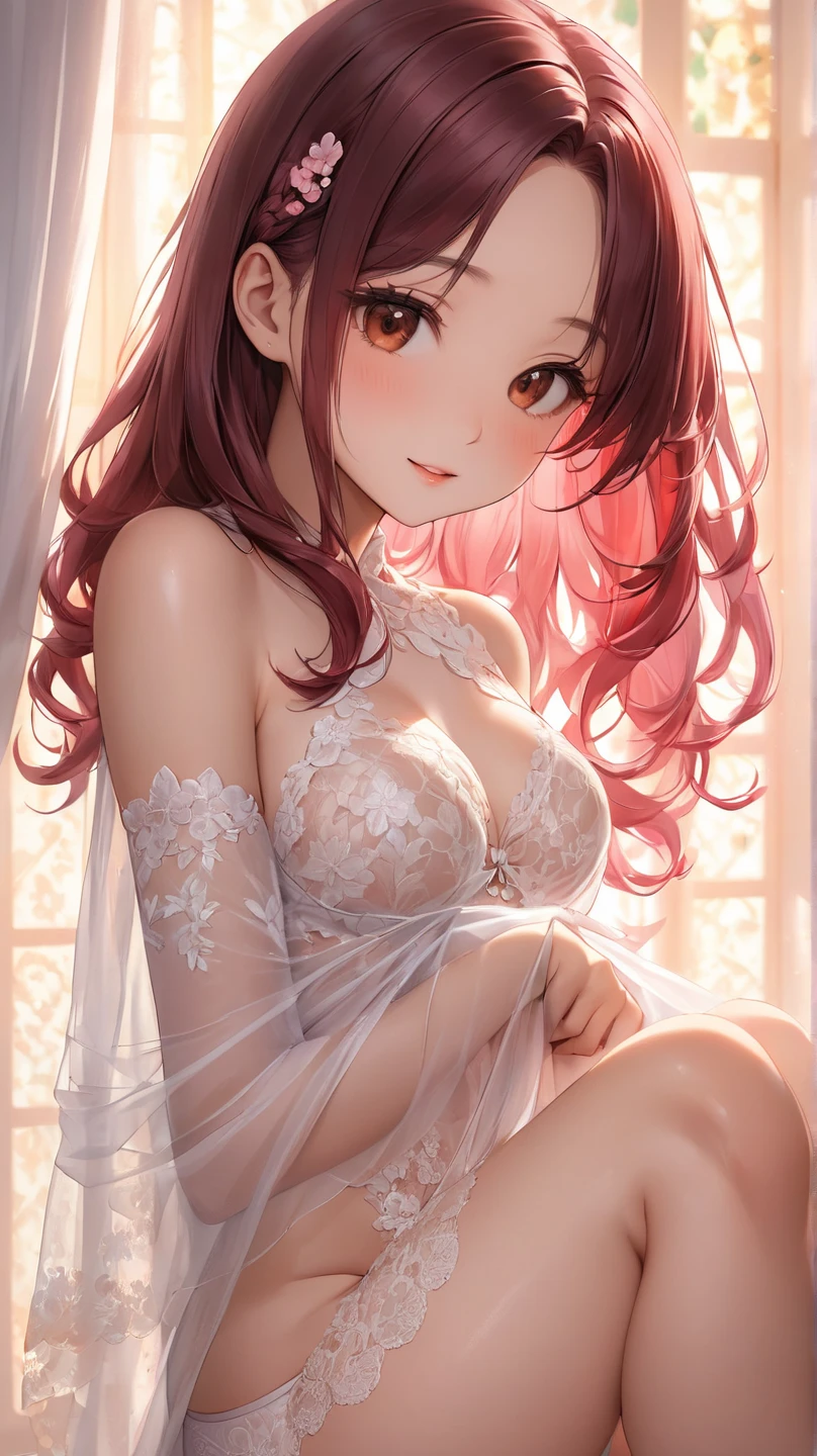 this anime girl is posing in a pink lingerie outfit with some pink confetti in the background, 1girl, breasts, solo, long hair, smile, thighhighs, brown hair, cleavage, leotard, brown eyes, choker, looking at viewer, covered navel, collarbone, jewelry, bare shoulders, bangs, pink choker, blush, ring, pink leotard, grin,chibi