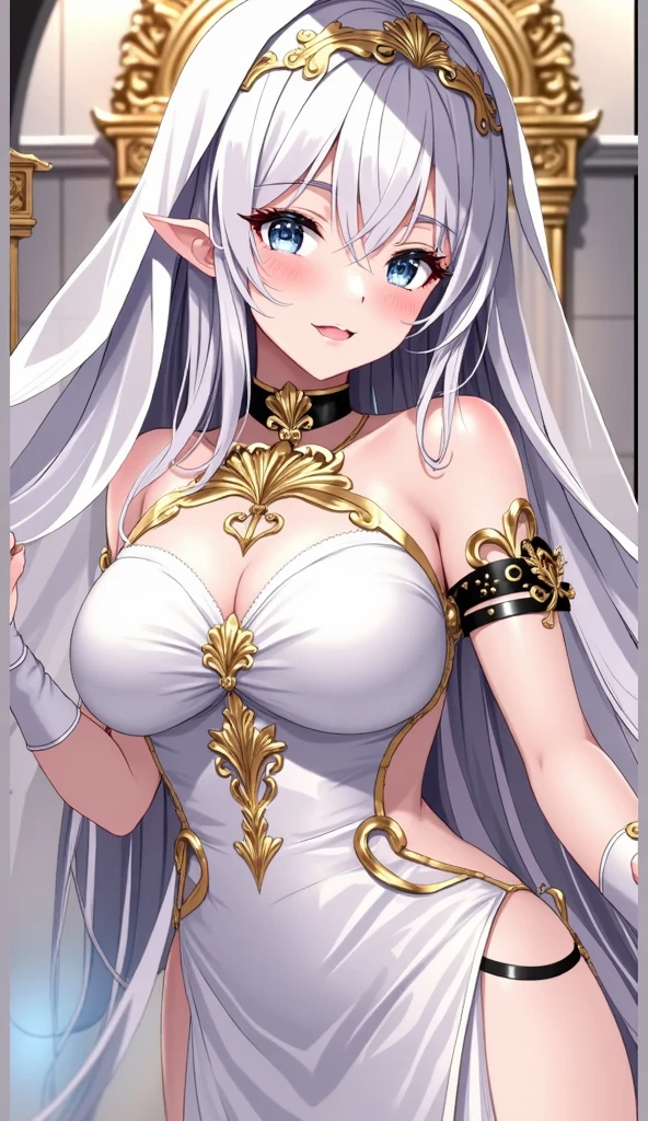 Illustrator, anime , Realistic ,sketch , 1 person, model, Age 25, lip, Sexy and revealing white and gold sheer priest dress(Holy Gun), order, Blue and pink gradient background, Neon Hair, Big Breasts, Her cleavage is visible, look back, Upper Body, Sexy look, Texture Trim, Russia, (masterpiece,Highest quality)