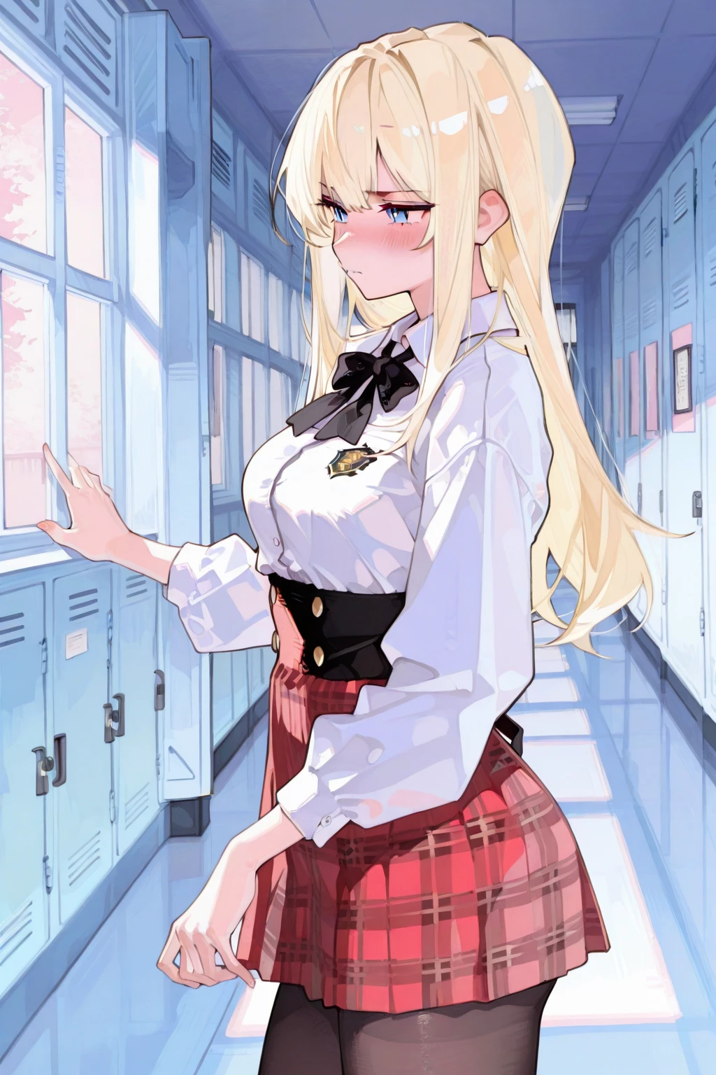 Highest quality,masterpiece,masterpiece portrait,((full body)),　Blonde、Blue Eyes、Pink lips、、White shirt、Black Ribbon、Sexy atmosphere、cartoonist、(((Slightly erotic)))、Wearing a red beret、((Posing with a fountain pen))、Anime Style、Beauty、((The background is the wall of a coffee shop))、Sitting in a chair、(((Front view)))、Looking up