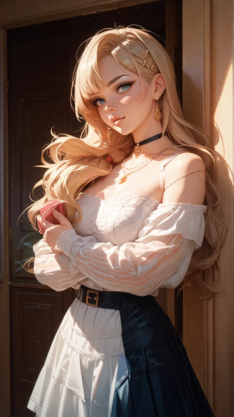 woman 18 years old, long blonde hair, greeneyes, white blouse with neckline, medium sized breasts , Skinny jeans, coxas grossa, quadril acentuado