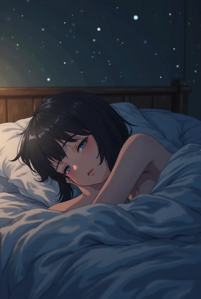 cell phone電話を手に持ち、Anime woman lying in bed looking at a screen,  late night,  nighttime, Beautifully illuminated, Illuminated from the side, night, cell phone電話をチェックする, Digital Enhancement, Portrait Shot, night - time, night time, Anime woman lying in bed looking at her smartphone, night-time, cell phone, Low light, The lighting is dim