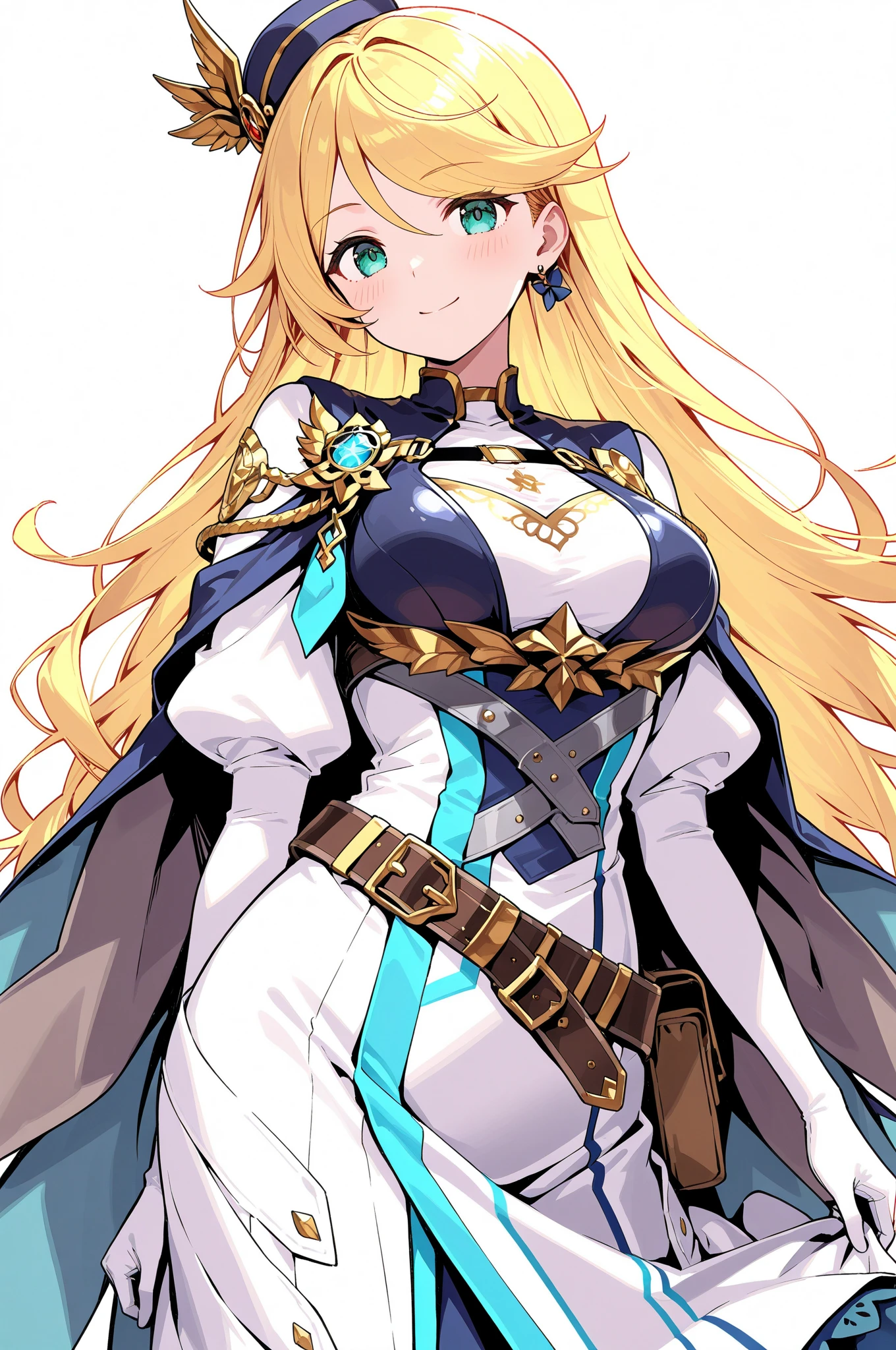 Create an anime-style image of a majestic and powerful female figure. She has long blonde hair and wears a golden crown adorned with jewels. Her expression is serious and determined, with piercing blue eyes. The figure is dressed in shiny and detailed armor that mixes tones of purple and gold, with decorative elements resembling wings on the shoulders. The armor is reinforced and elegant, covering her torso and arms, but leaving her legs partially exposed, wrapped