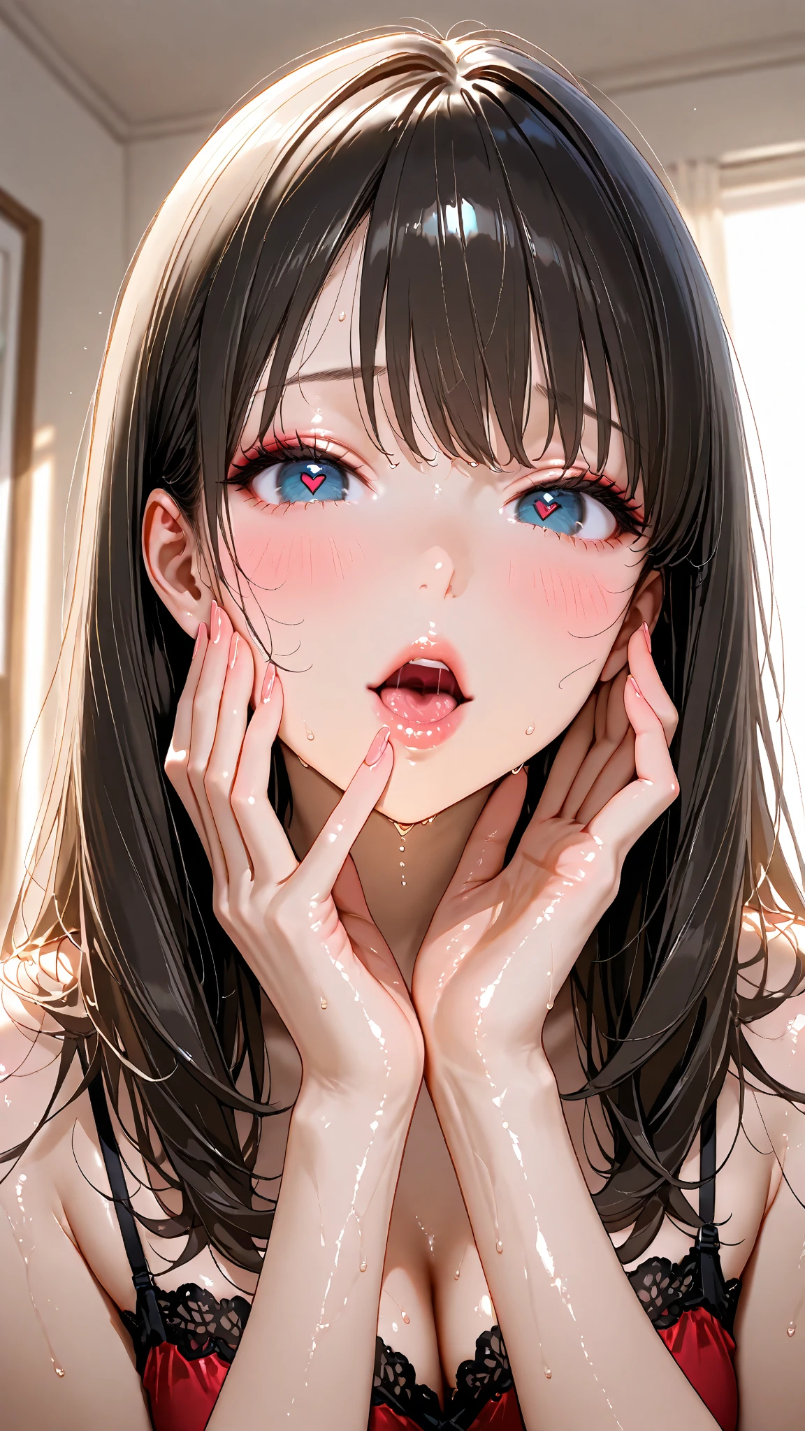 close up,HD,Excellent image quality,more details,High-quality masterpiece,Girl,Lie on me,Look up to me,Elongated hair,Ruddy skin,Cleaning the collarbone,The clothes slipped down.,Water stains,Wearing sweats,saliva,(Absurd big mouth,Sticking out an extra-long tongue,头部close up,The head is intact,(Complete details of the oral cavity),(throat),(saliva),((Heavy breathing)),(uvula),(Loose clothing))