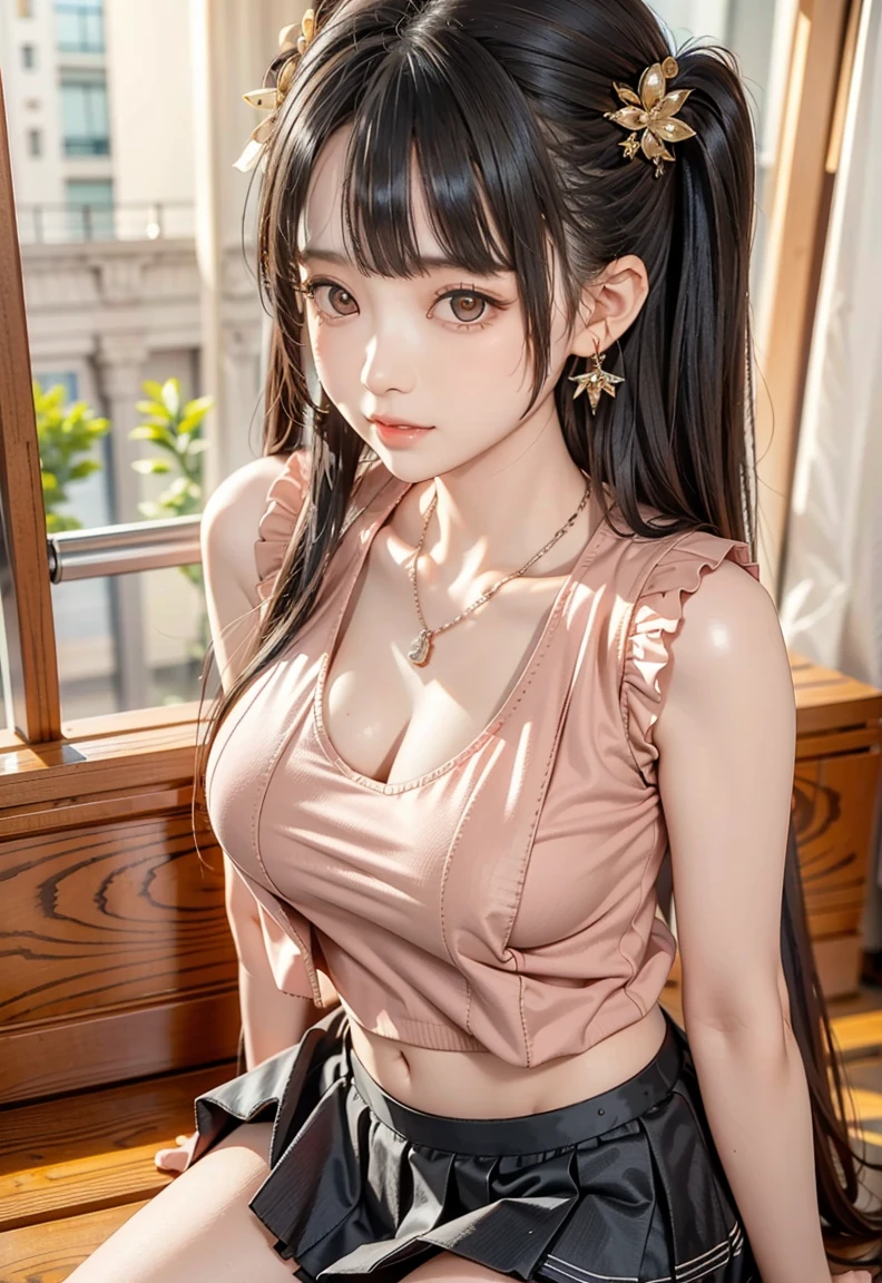 (1girl:1.3, solo), (Masterpiece, best quality, photorealistic, highres, photography, :1.3), ultra-detailed, sharp focus, professional photo, commercial photo, (upper body:1.3, bust-up portrait), BREAK, 1 brunette girl, solo, European girl, hot model, highly detailed eyes and pupils, realistic skin, (attractive body, medium-large breast:1.25), thin bob hair, extremely detailed hair, delicate sexy face, sensual gaze, shiny lips, BREAK, ((wearing a black tpunk-T-shirt:1.3, sleeveless, lapped plaid-pattern-skirt), black stocking:1.3), (indoor, hotel room, blurry background:1.25, simple background), (standing, attractive posing, arms down, arms behind back), ((realistic, super realistic, realism, realistic detail)), perfect anatomy, perfect proportion, bokeh, depth of field, hyper sharp image, (attractive emotion, seductive smile, :d, ;p),