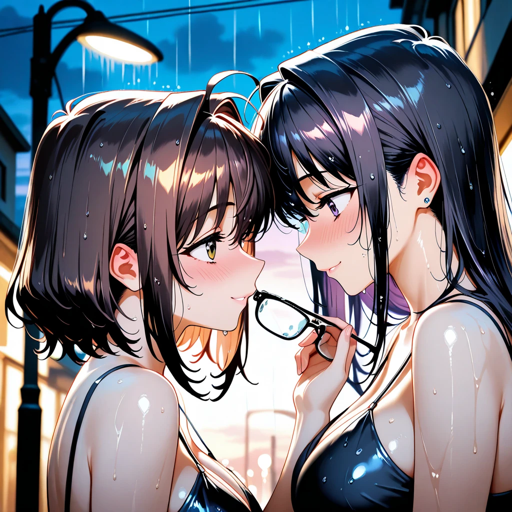 nsfw,(masterpiece, best quality:1.2)2girls, locker room, AND 2girls, gray sports bra, smile, eye closed ,kissing her face,out tongue,dark orange hair, short waviy hair, brown eyes, glasses,yuri AND 2girls, pink bra, smile, eye closed,kissing her face,out tongue,black hair, medium hair, brown eyes, glasses,yuri,