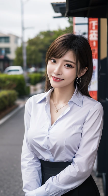 Enhanced dynamic perspective,Cute cute beautiful girl,JK ,Look at me and smile,simple backgound,Works of masters,high quarity,4K resolution,super-fine,Detailed pubic hair,precise,Cinematic lighting,Leaves the original facial proportions、(large full breasts)、((buttonGap)), white shirt,