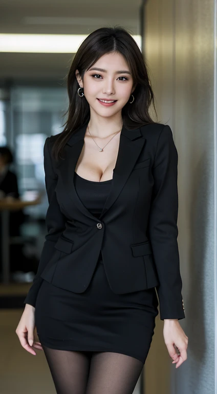 One Mature Woman、45 years old、Black Hair、Cowboy Shot、Beautiful mom、Very big breasts、Hourglass figure、Elegant hairstyle、Medium Hair、Pencil Skirt、Navy blue skirt suit、Wearing high heels、