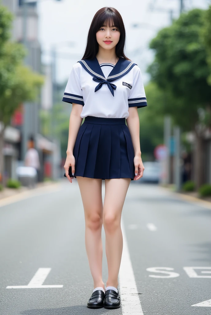 masterpiece, best quality, ultra-detailed, nsfw, simple_background, 1girl, solo, cowboy shot, black eyes, (tsurime), (((smile))),black hair, (((school uniform))),(((sailor suit))), (((cleft of venus))), (((younger))), (blunt bangs), (short stature), ((((bottomless)))),(((No panties))),(((pussy))),(bow tie),(student bag), ((walk on the road))