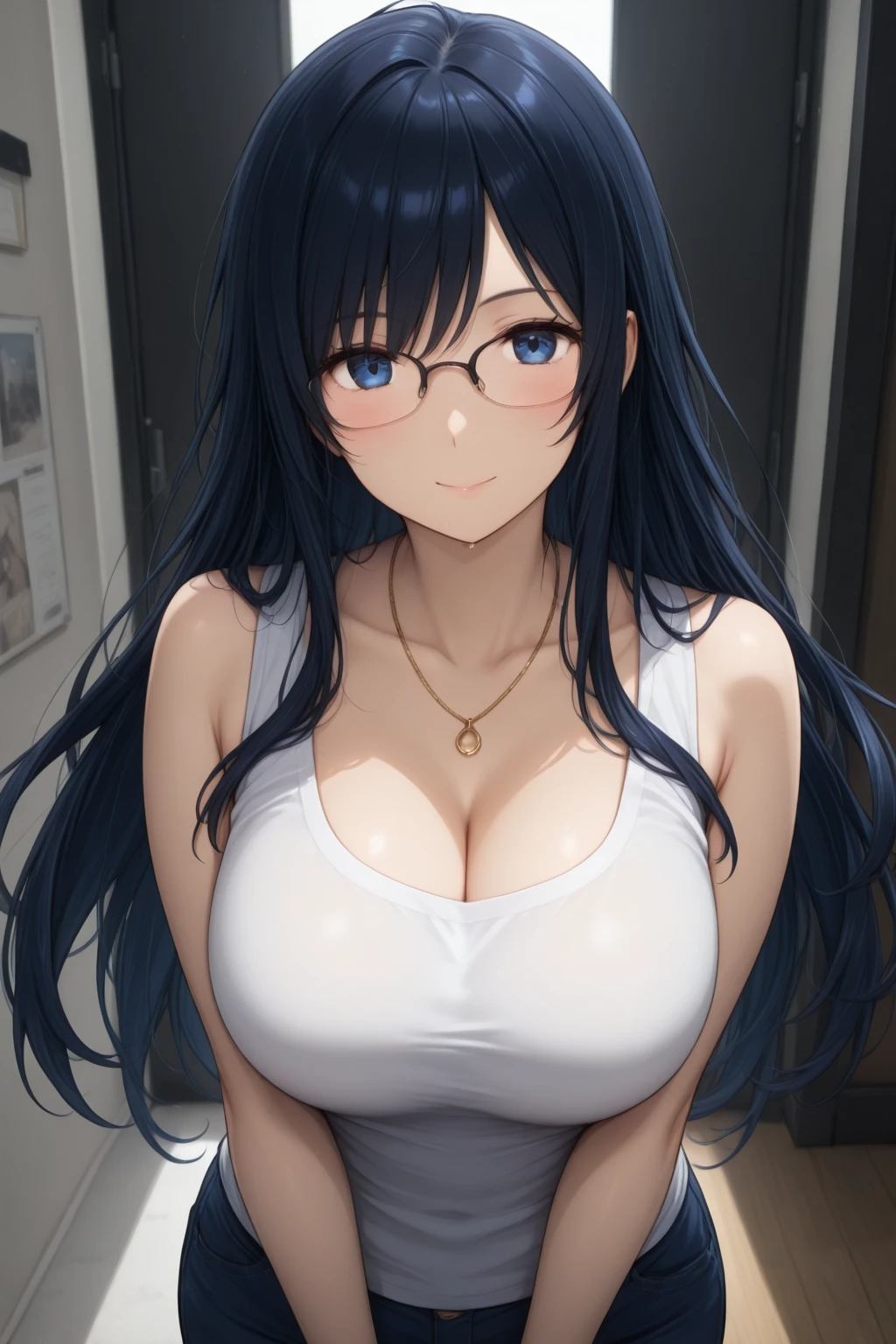 (upper body),(masterpiece:1.3),Portraiture, Realistic, blue eyes, (White underwear:1.4),(dark blue hair:1.2),(vivid color:1.3),(Rimless glasses),(shoulder length:1.3),(24-years-old),(Big Breasts:1.3),(White underwear:1.4),8k resolution, High quality CG, Beautiful CG,(slim:1.3),Soft Light,( smile:1.3),ultra high resolution,extremely detailed CG unity 8k wallpaper,(Aesthetic Anime Eyes),(White underwear:1.4),