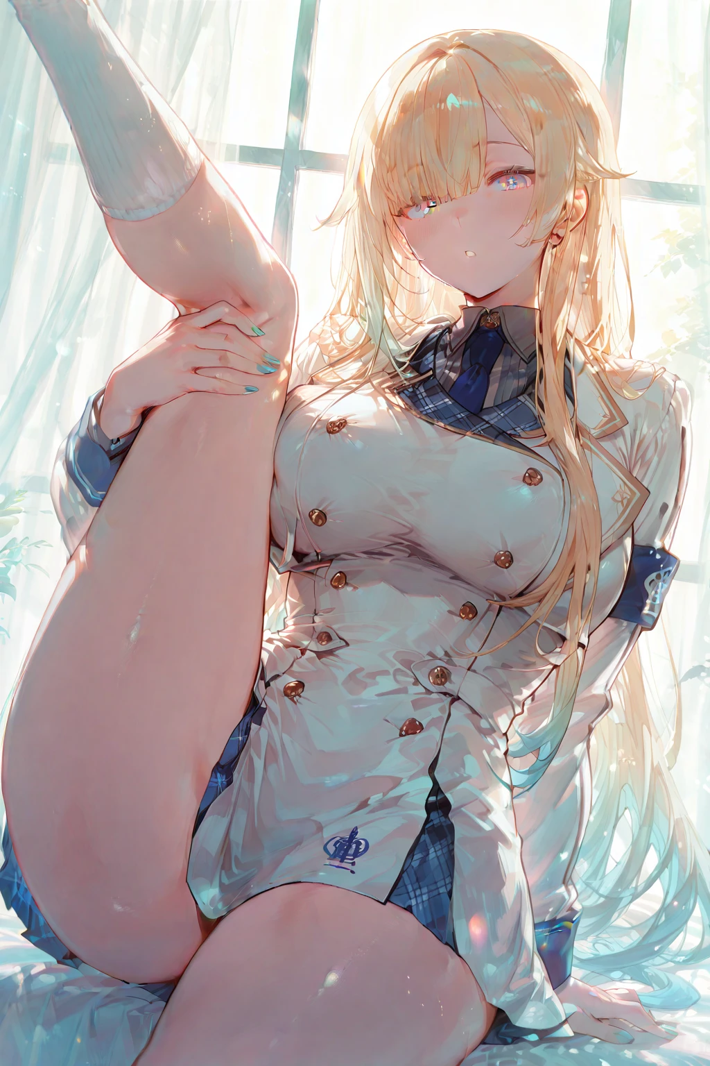 highest quality、realistic touch,high detail、photo realistic、thin waist、Captive Beauty、Big eyes、solid platinum blonde eyelashes、platinum blonde、Full body Esbian、sparkling eyes, My cheeks turned red、Kamimei、thin waist、plump thighs、in the school classroom、She is in heat、sailor suit、cheeky look、Huge 、Super short skirt with V-line visible、No sleeve、Please open your legs and show me your camel toe 、put your hands behind your head、navel-like expression、