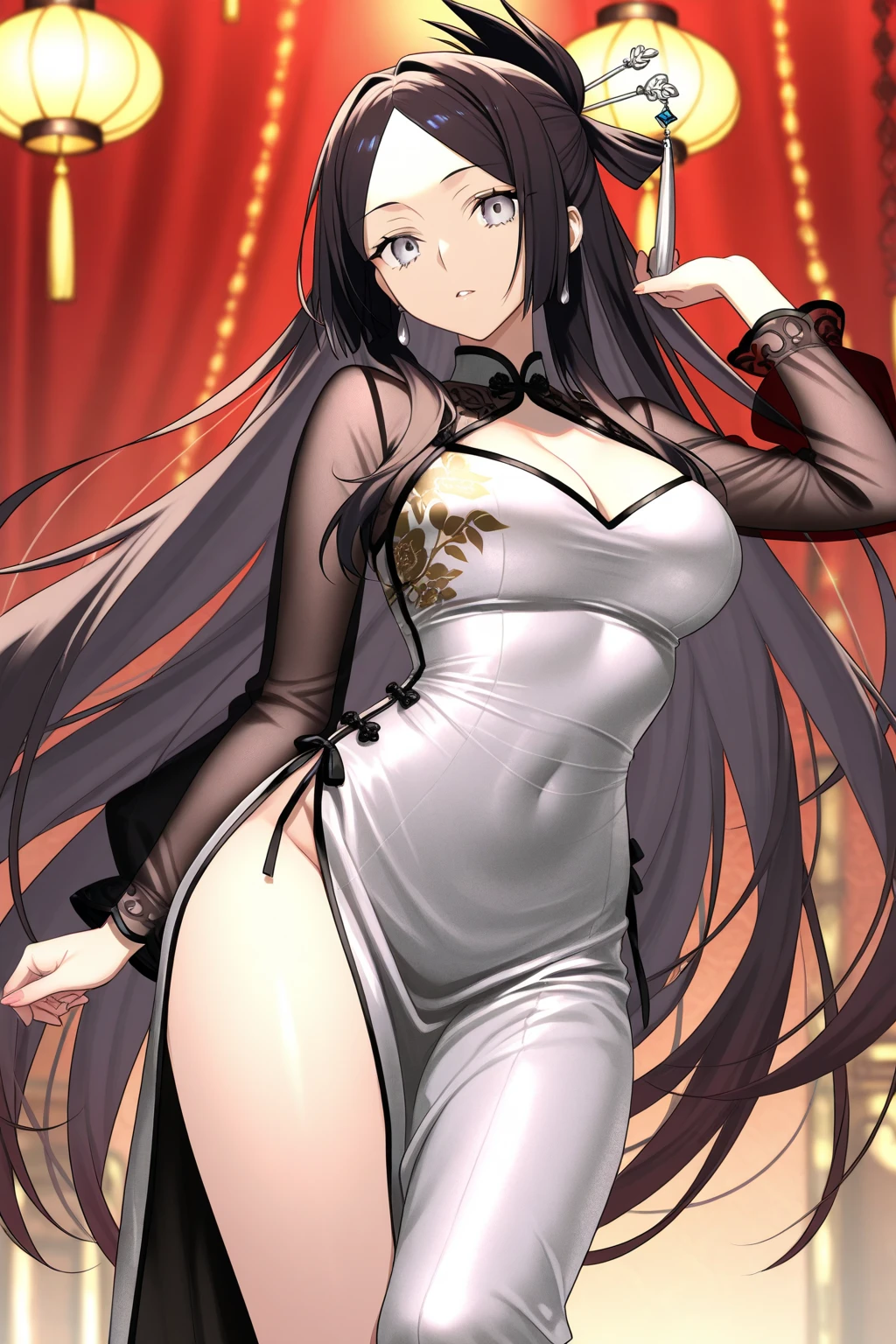 Adult female, busty, hourglass figure, sexy red dress, messy and long black hair, golden yellow irises, defined black pupils, passionate, seductive, sultry smile, casino, poker table, holding cards, sitting in a chair beside a poker table, well defined, perfect definition, high quality, perfect eyes, good hands, perfect hands, crowded casino, 