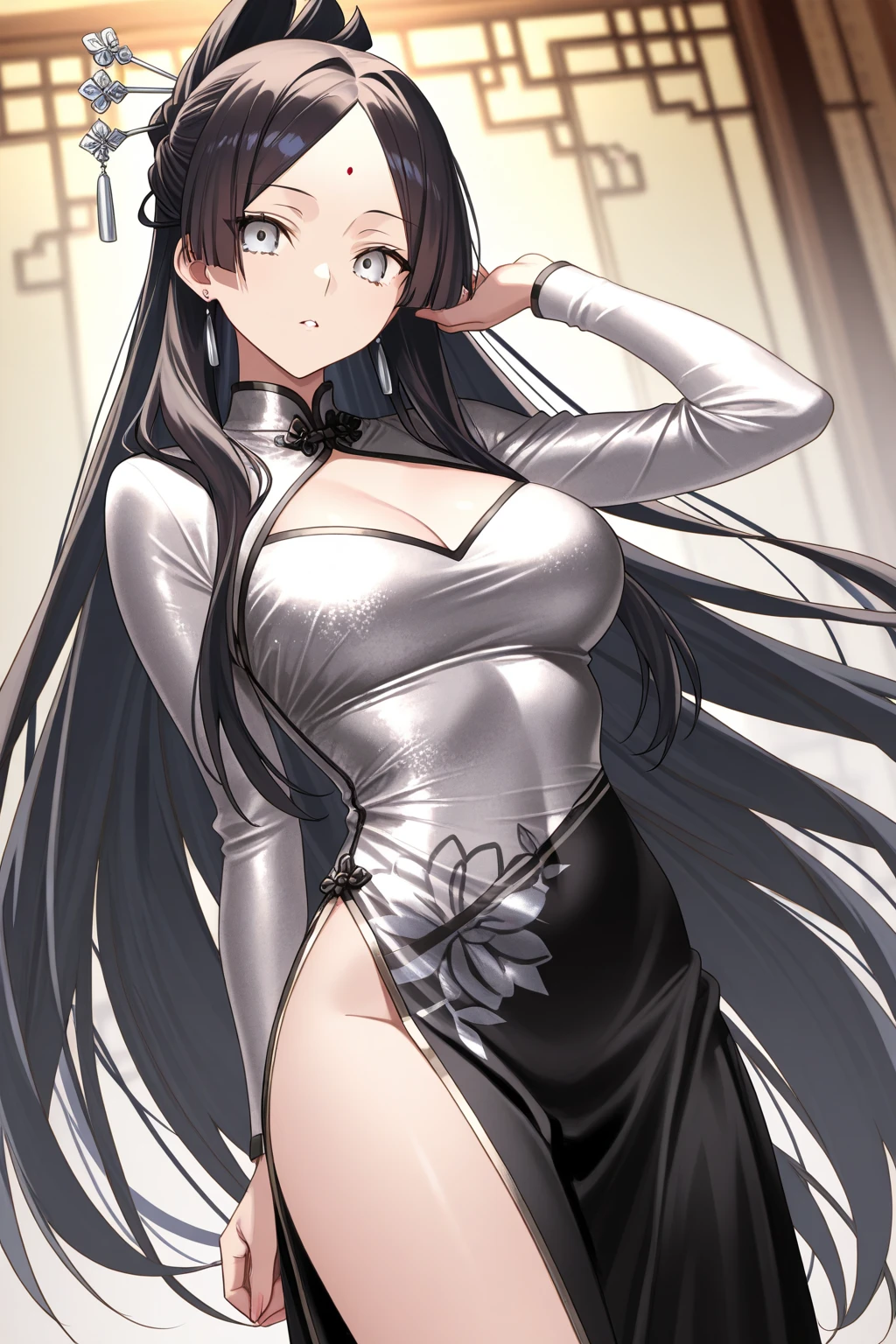 (Masterpiece), (best quality), Full body photo of a 20-year-old cat girl. (Black hair, loose hairstyle) Has black cat ears, black fox tail, grey eyes, and wears glasses. (ชุด black Chinese cheongsam dress sexy) Standing, looking down