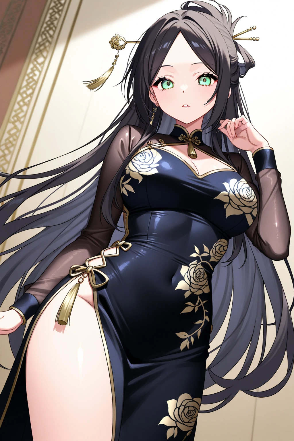 1girl, anime, cute girl, blank background, white background, fantasy, detailed dark fantasy dress with highlights, beautiful face, beautiful eyes, dark colors, black hair, twintails, green eyes, medium breasts, slight cleavage, beautiful skin, cute, breast curtains, extremely delicate and beautiful, (beautiful detailed face:1.0), (detailed deep eyes), symmetrical breasts, deep eyes, shiny skin, portrait, slender waist, hips wider than shoulders, thighs, young girl