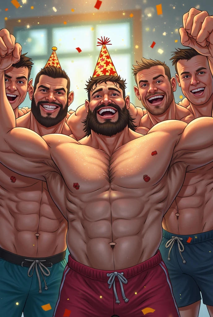 best quality, masterpiece, handsome polynesian man, tan skin, wavy dark hair, round eyes, nude, having sex with another three men, huge cocks, anal penetration, fellatio, grabbing each other, at a festive birthday party, seductive expression, hardcore gay orgy, explosive cumshot, excessive cum, sexy, gay, homoerotic, perfection, no watermark, no logo, no signature