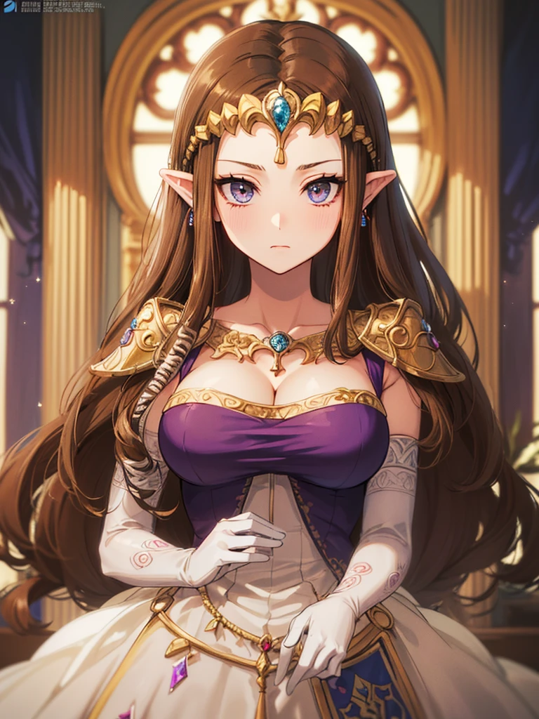 ((((POV)))),((Front face)),((Dark brown hair))Anime art style,masterpiece,(Highest quality), (Super detailed),(Very delicate and beautiful),(Detailed face and eyes),Beautiful eyes like jewels,(A truly gorgeous jeweled ruffled rococo ball gown dress),(((Mature Woman,Queen))),((Purple blouse)),((crinoline)),Absolutely gorgeous highly detailed rococo ball gown dress with ruffled voluminous full length hoop skirt,((Long Straight Hair)),(),Cleavage,(Fantasy Castle,Outdoor,Outside the castle),length_gloves,Very gorgeous hair ornament,Sparkling、A very gorgeous jewel-encrusted tiara,((Gorgeous Glitter Jewelry)),