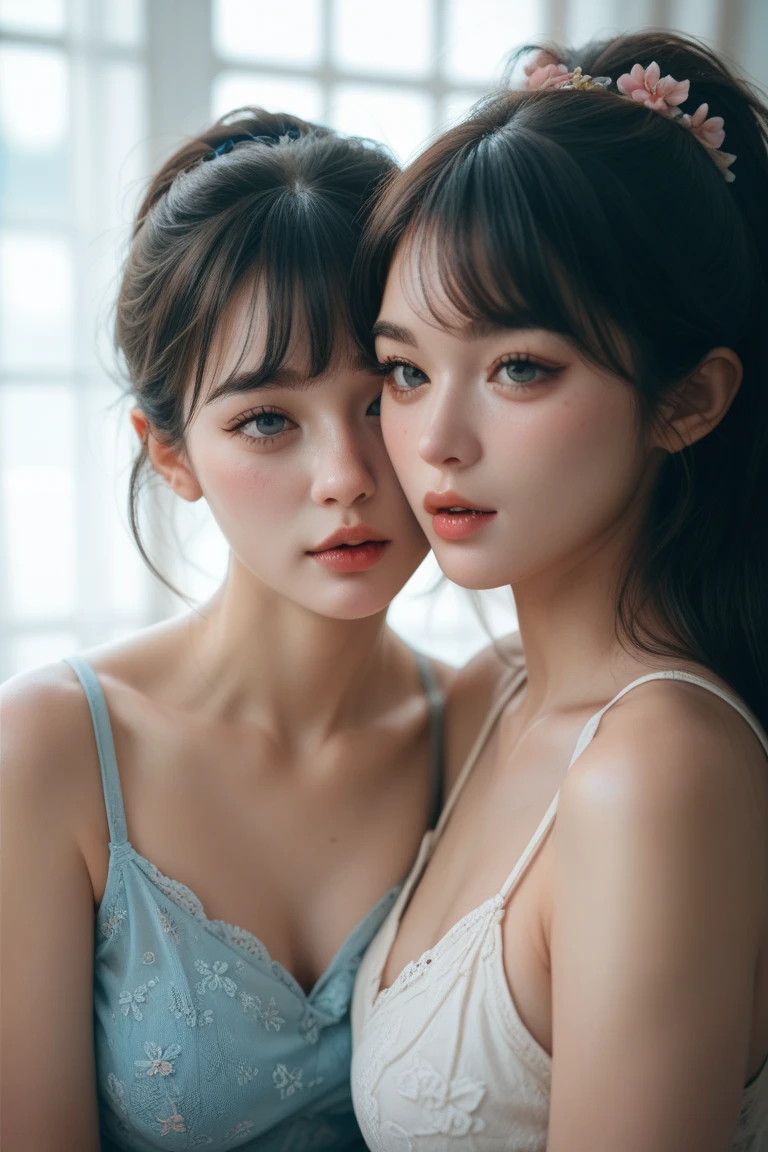 (2young girls), (Ultra realistic, high res), (highly detailed eyes, highly detailed hair, highly detailed face, highly detailed plump lips), naked, (off shoulder), breasts, upper body, caute smile, (best quality:1.4), Raw photo, (realistic, photo-realistic:1.37), professional photography, cinematic light, (fine face: 1.2),