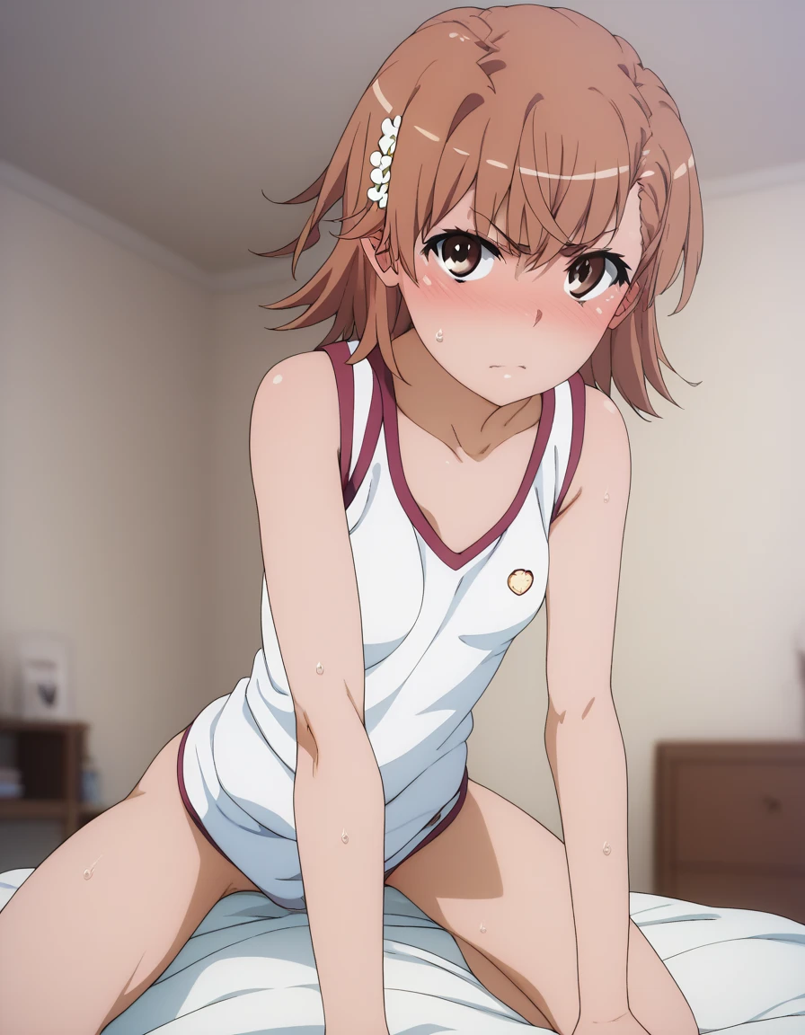 Misaka Mikoto,Tanned dark skin:1.6、Heavy makeup:1.1、Blonde:1.3, (Shortcuts:1.5), (Brown eyes:1.7), Ringlet, hair bow, bow, red bow, (Beautiful breasts:1.5),Nipple erection、
break,Detailed leotard:1.3、Shortcuts
break looking at viewer, whole body,
Dark gymnasium warehouse、
break (masterpiece:1.2), highest quality, High resolution, unity 8k wallpaper, (shape:0.8), (Beautiful and beautiful eyes:1.6), Highly detailed face, Perfect lighting, Highly detailed CG, (Perfect hands, Perfect Anatomy)、、Sweaty、whole bodyポートレート、Misaka Mikoto looks embarrassed、Mischievous Smile:1.2、blush:1.3、Sweaty:1.3、whole body像、Sweaty outfit、Close ~ eyes、Sad-looking face:1.3、Doing squats
