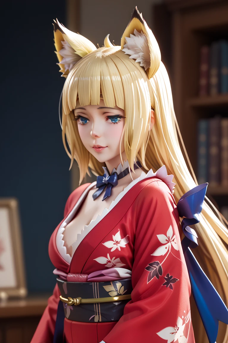 masterpiece, best quality, highres, 1girl, blonde hair, medium hair, asymmetrical hair, floating hair, hair between the eyes, high ponytail, side locks, hair ornament, fish hair ornament, tassel, kanzashi, bangs, orange eyes, open mouth, smile, teeth, upper teeth only, choker, red choker, pendant choker, butterfly choker, clavicle, tattoo, chest tattoo, flower tattoo, cleavage, medium breasts, thighs, bandages, Bandaged leg, Sarashi, Budget sarashi, Chest sarashi, Black sash, hadanugi dousa, houkisei, japanese clothing, kimono, kinchaku, obi, obiage, obijime, orange kimono, bag, patterned kimono, rope, sash, shimenawa, short kimono, single bare shoulder, vision (genshin impact), east asian architecture, cherry blossoms, full body, arms behind head,