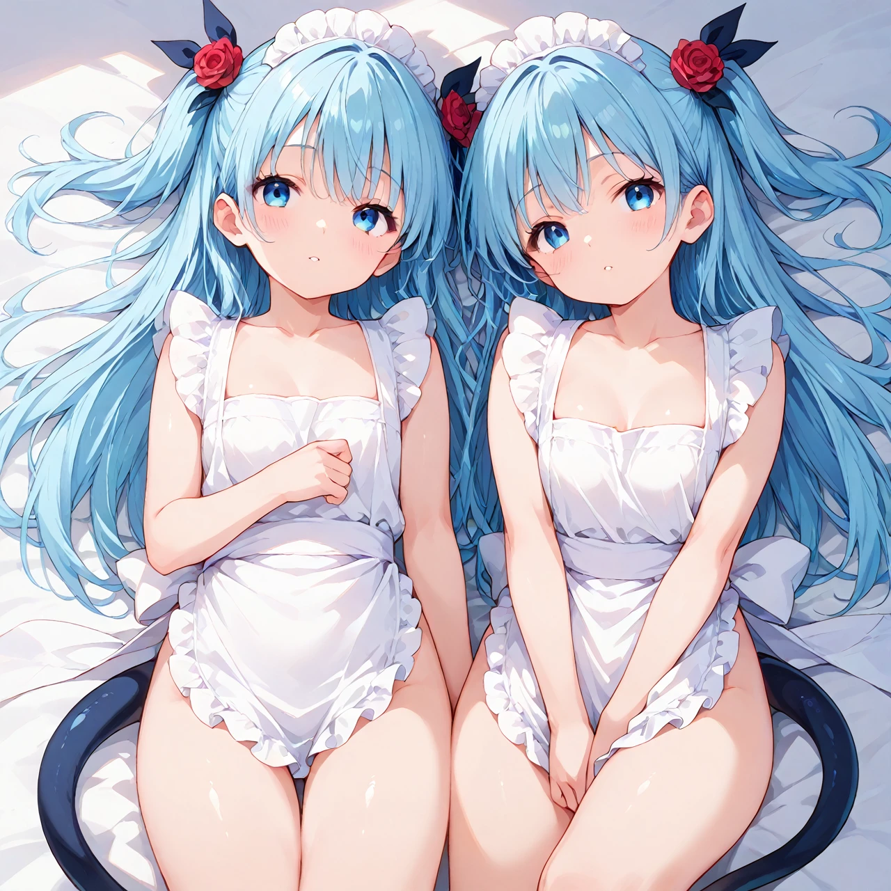 nsfw,Two Girls,ffm, lying down,Lift both legs,Sex,panties,Light blue hair,Light pink hairstyles,Cat ear,Pink Eyes,light blue lolita,White socks,,Pink ribbon,Laughing with your mouth open,Best image quality,Highest quality
