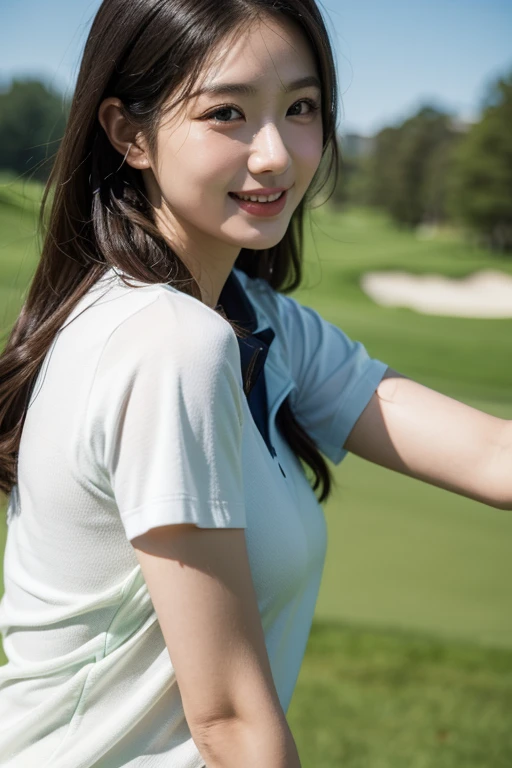 (((Perfect Anatomy))),(((On a hot summer day, In front of the large gallery at the first hole of the golf course, He is relaxing with a blue golf glove on his left hand.、She livens up the venue with her best smile.。, Captivate the audience.A 20-year-old who looks good in a blue sun visor. Beautiful professional golfers))),She is wearing a blue left-handed golf glove., Blue short sleeve high neck front zip sleeveless polo shirt, Tight mini skirt, Golf shoes, Looking up at the sky next to a nice golf bag.,(((Ulsan - 6500))),(((Hasselblad produces deep depth of field for beautiful background bokeh))),Sexy waist and perky hips,masterpiece,Highest quality,Ultra-high resolution,Highly detailed full body portrait,High nose and beautiful face,Model-like limbs,(((Her slim waist and slender hips are a sight to behold..))),Stand next to the golf bag,((Full-body photo taken from a low frontal position)),Cute 20 year old,She had beautiful long chestnut brown hair、The neck is sexy.,(A beautiful and striking F-cup bust),Long eyelashes and big eyes,,Transparent double eyelids,((Glossy thick lips)),Perfect Anatomy,