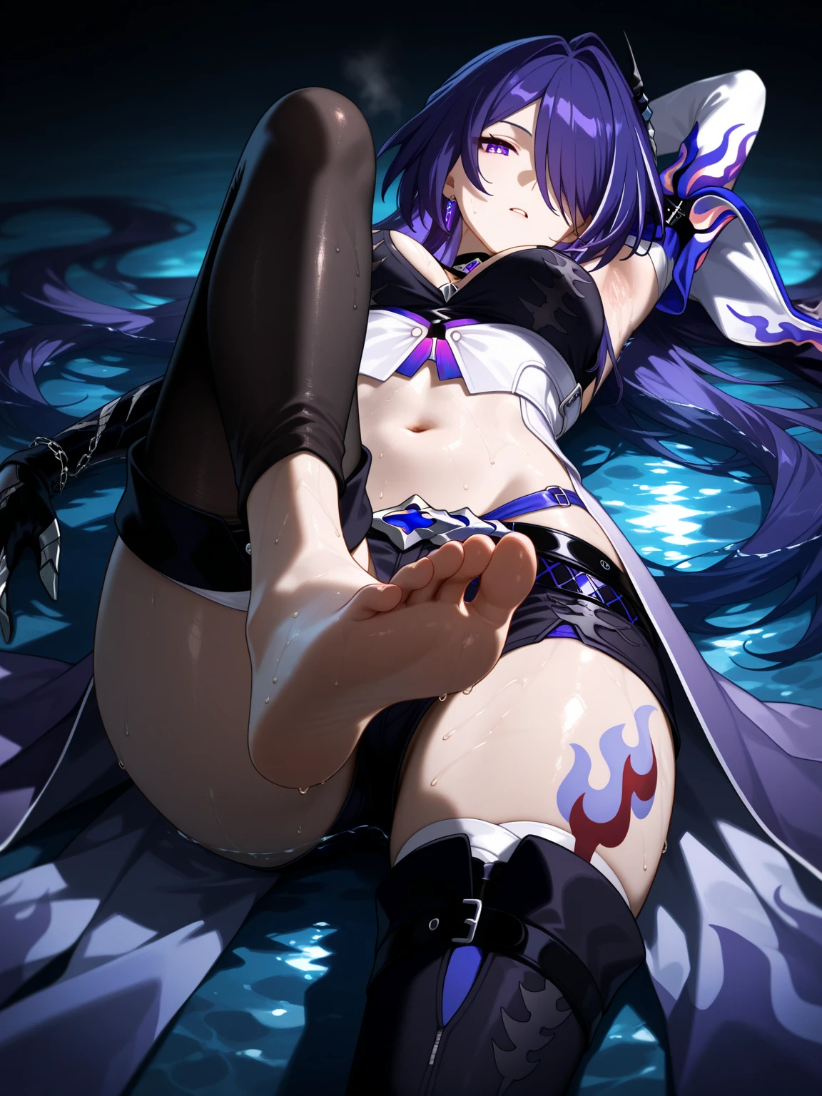 meltryllis_(fate), purple hair, ojos azules, pubic hair, lazo azul, desnuda, spread legs, pussy, nipples