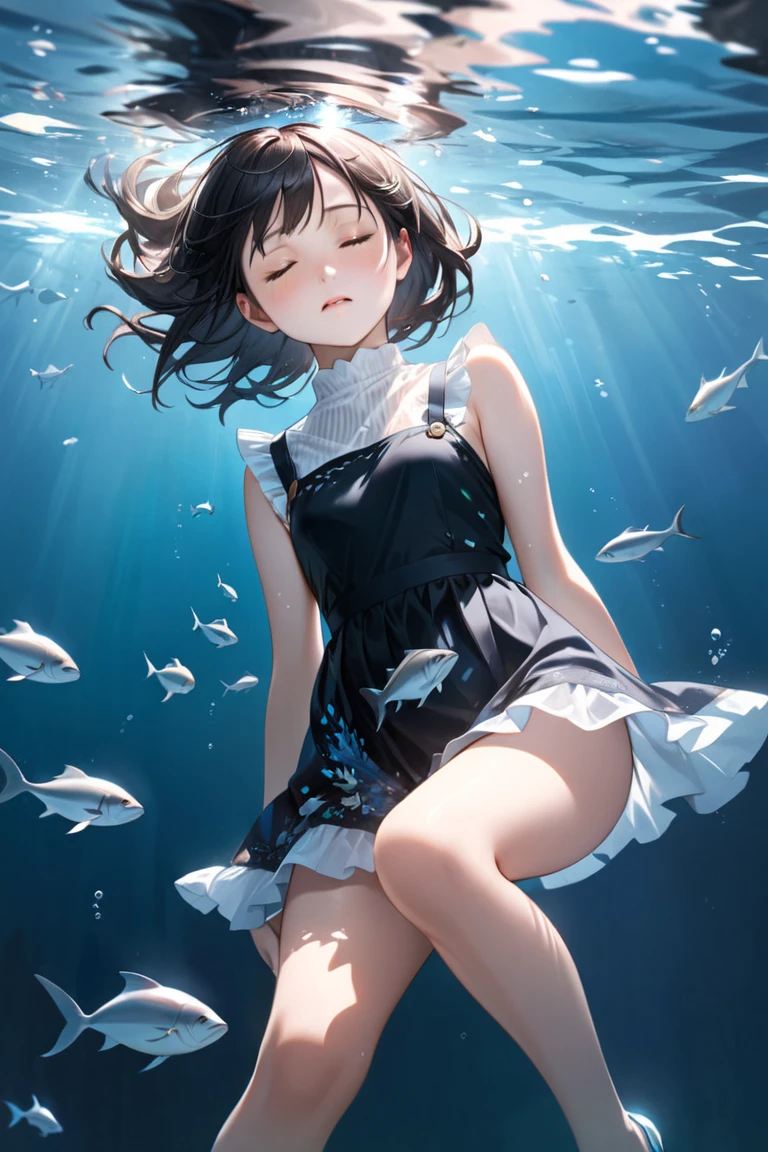 Animation - stylized image of a woman sitting on a green floor in a black dress, anime girl walking on water, Writer: Shitao, wallpaper animated blue water, 2b, 2b, Zerochan Art, Guweiz at Pixiv ArtStation, standing in a puddle, Water on the floor, Writer: Shingei, Kantai Collection Style