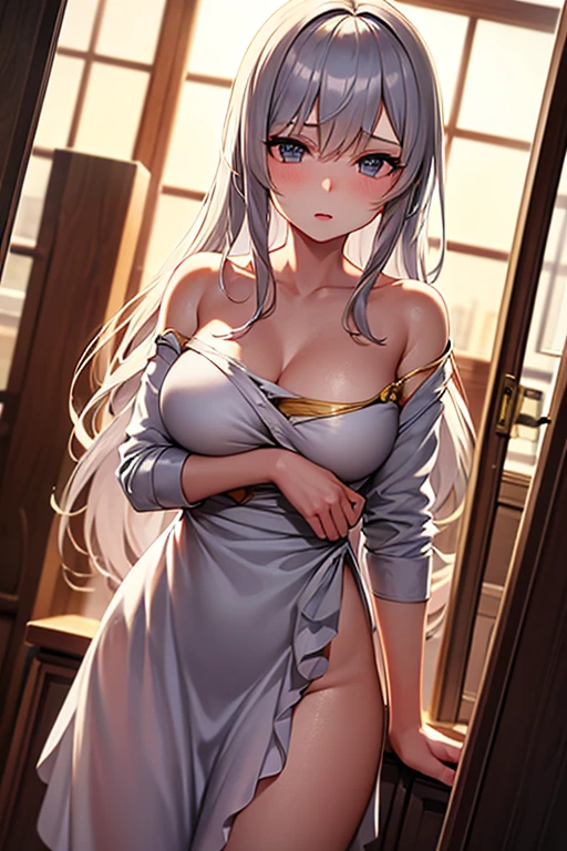 a close up of a woman in a white dress posing for a picture, an ultrafine detailed painting by Leng Mei, tumblr, mingei, gorgeous chinese model, japanese goddess, white hanfu, smooth translucent white skin, pale milky white porcelain skin, ethereal beauty, beautiful asian girl, open v chest clothes, chinese girl, wearing simple robes