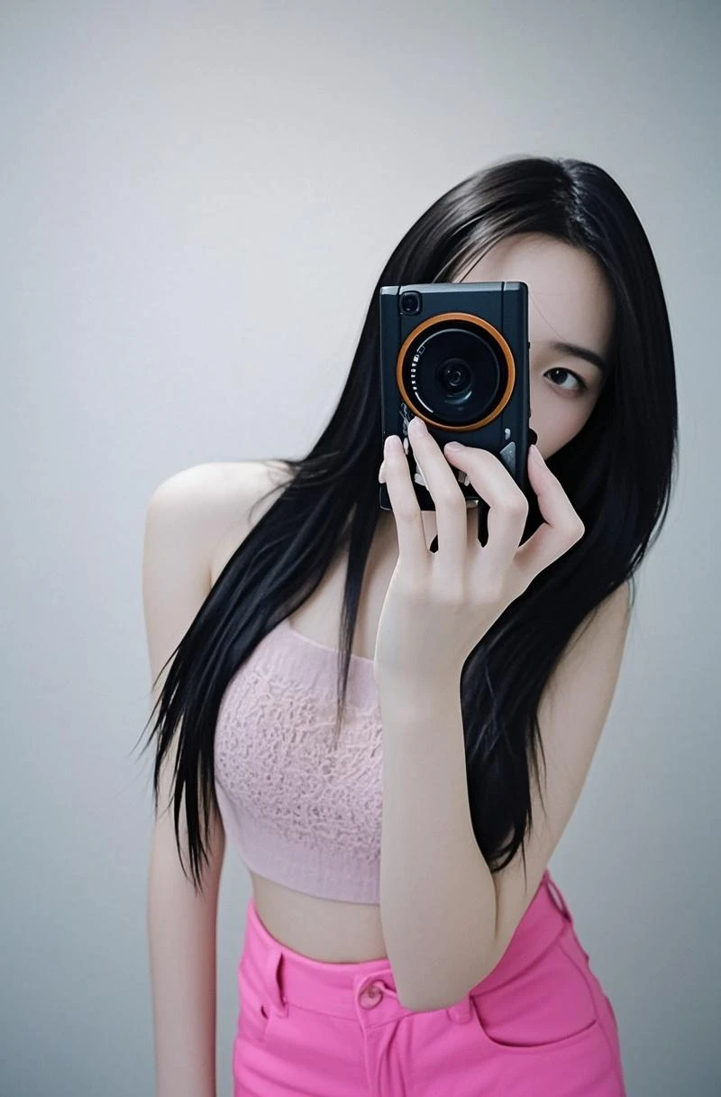 A beautiful girl in a bikini, richly decorated in the style of cyberpunk and fantasy, takes selfies, dark contrast lighting, high detail, posing for the camera, vaporwave