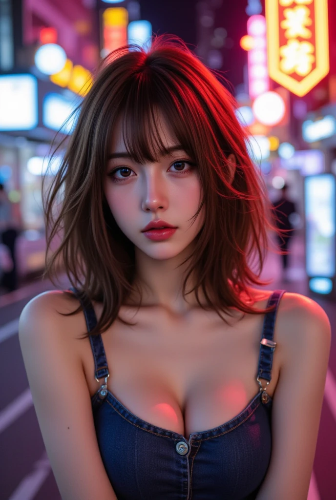 (8k, RAW photo, masterpiece:1.3), (realistic, photo-realistic:1.37), (night), (looking at viewer:1.331), (bloody hair), posing, Tokyo street, nightcityscape, cyberpunk city, soft light, topless girl, extremely beautiful face, bust, put down hands, Random hairstyle, Random expression, big eyes, huge chests, lower abdomen, deep neckline, (short-sleeved .JK_shirt), JK_style, (dark blue short JK_skirt), (bow JK_tie), mix4., best quality