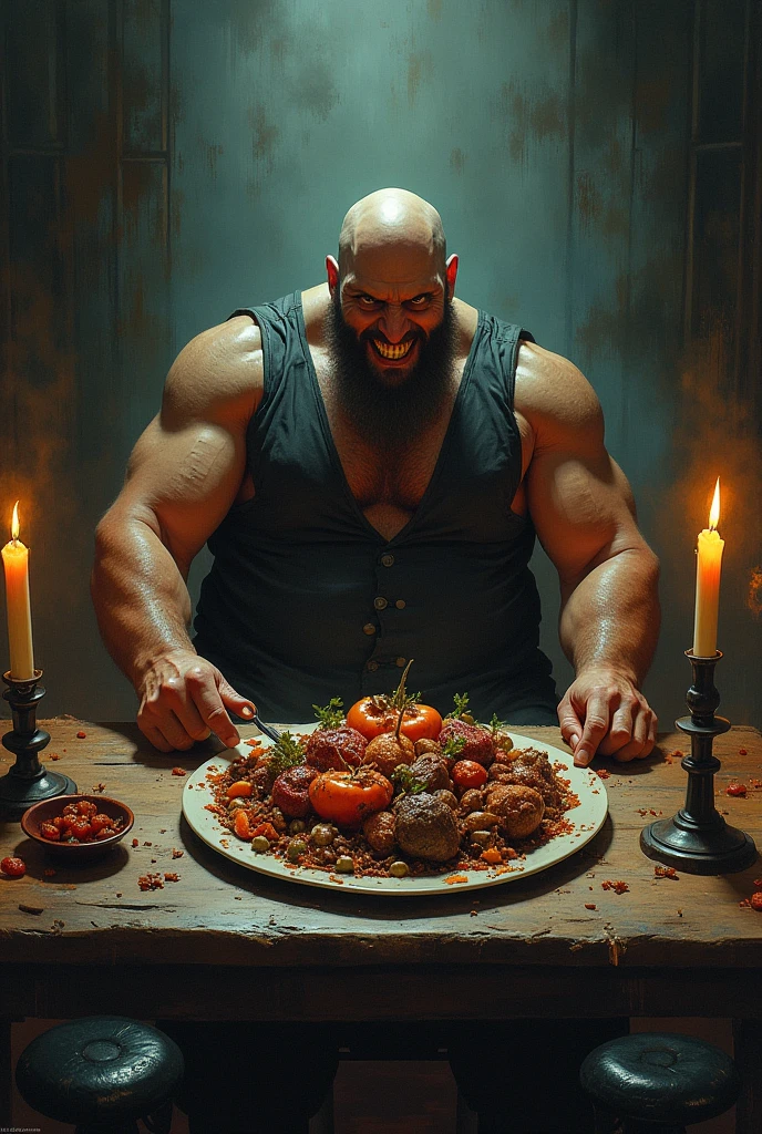 art handsome naked man with beard athletic eats banquet raw meat red blood black background candles