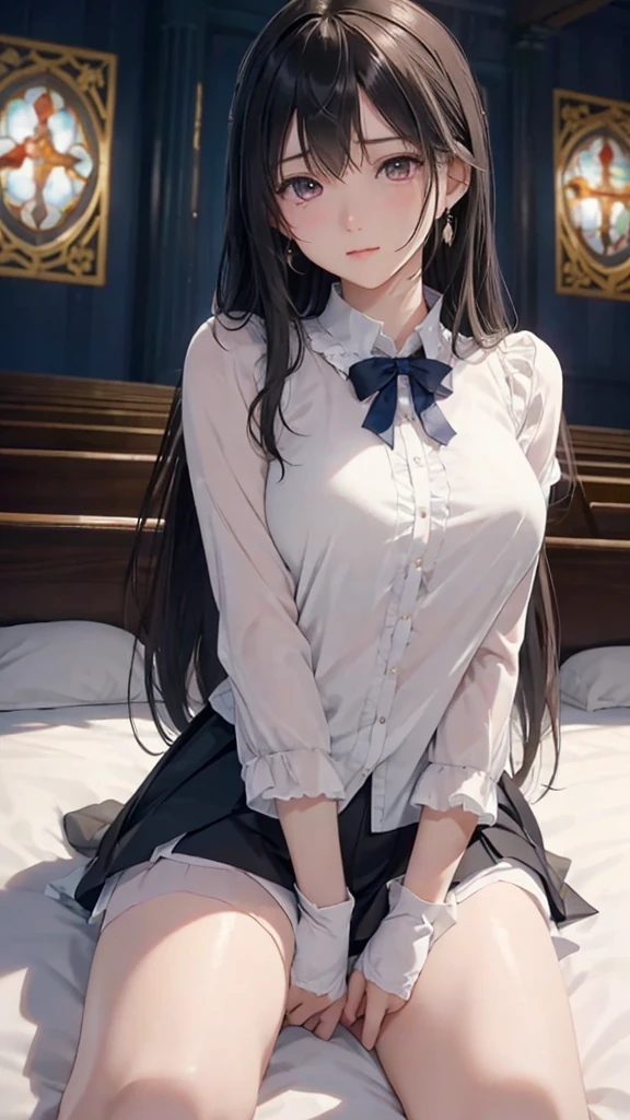 masterpiece, highest quality, One girl, View your viewers, Small waist, RAWphotograph,Hands intricately、Beautiful fingertips、 Ultra-realistic, High resolution, photograph, Sharp focus, Most detailed, Very detailed, Super detailed, In detail, Very detailed目と顔,Very detailed手と指、Idol、Thighs, beautiful girl,View your viewers, Small waist,Symmetrical face, whole body、White scrubs、White knee socks、Cleavage、Large Breasts、Long Hair、Big red ribbon、はだけたThighs、Beautiful navel、美しいCleavage、The bouncing breasts、Lying on your back、evening、On the grass、spread your legs a little