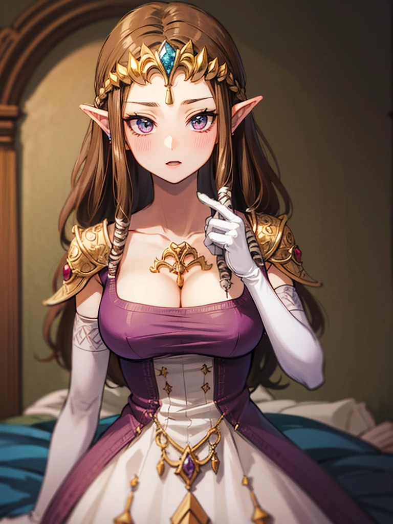 masterpiece, highres, photorealistic, best quality, 8k, best quality, ultra-detailed, perfect lighting, cinematic lighting, adult, mature, female, 1girl, solo, warm light, candle, evening, night, wood, tavern, feast, <lora:CHAR-ZeldaTP:0.6>, princess zelda, twpr, nintendo, the legend of zelda, purple robe, portrait, upper body, cleavage,