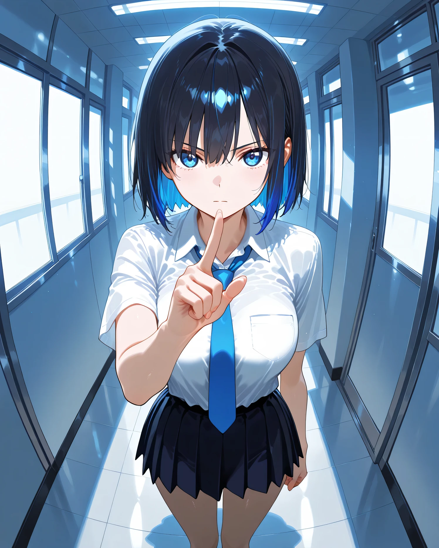 masterpiece, best quality, amazing quality, anime screencap, 1girl, solo, short black hair with a bluish tint and inner blue highlights, deep blue eyes, school uniform with blue necktie, serious and cool expression, stylish pose, low-angle fisheye perspective, dramatic foreshortening, standing confidently in empty hallway, light reflecting off polished floor, dynamic perspective, sense of presence, ((five fingers:1.3)), ((accurate hands:1.3)), ((correct finger count:1.2)), ((detailed fingers:1.2)), 