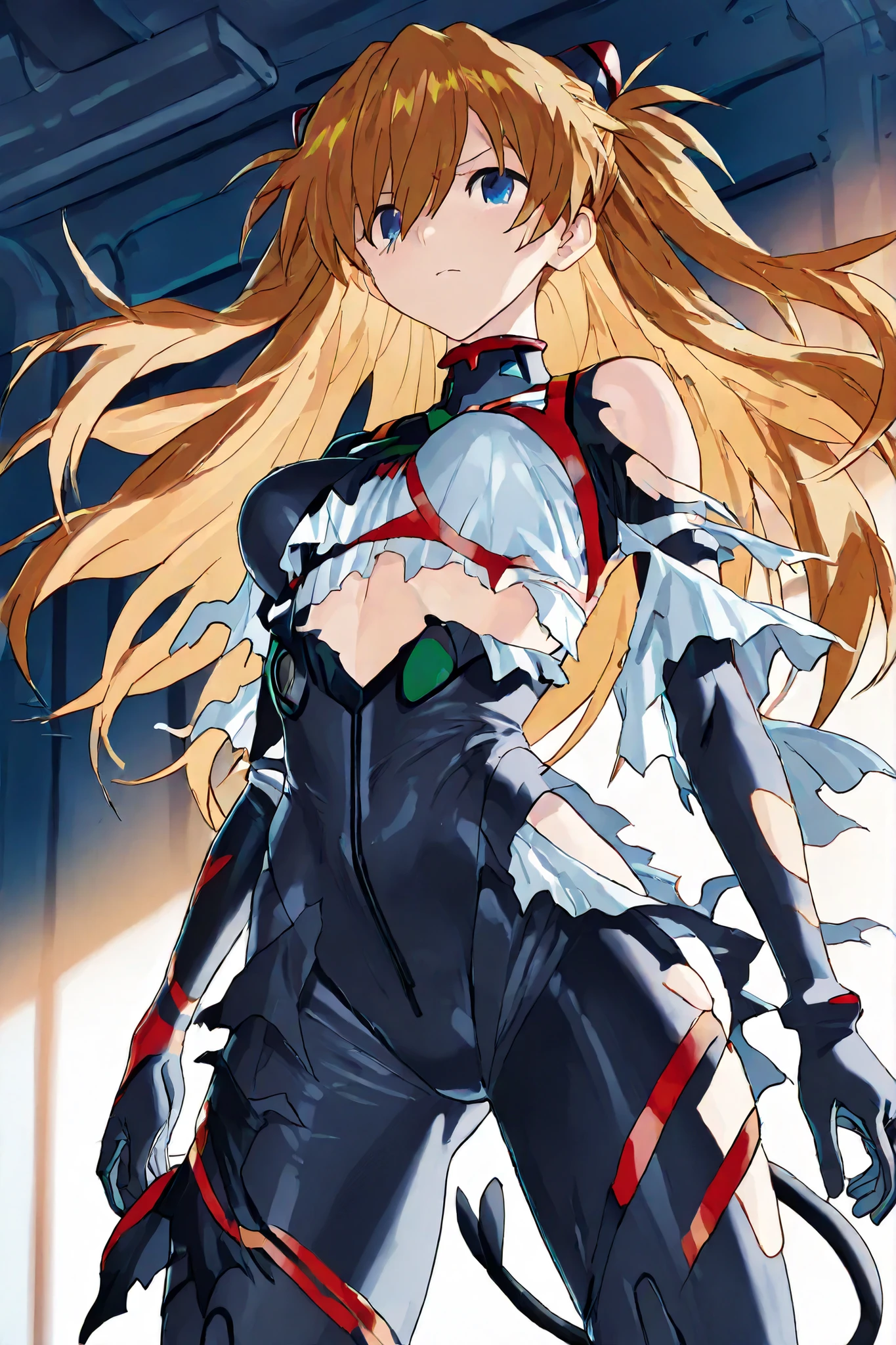 (perfect anatomy)、masterpiece、Ultra High Definition、 8k、masterpiece、top quality、super high resolution、max resolution、very detailed、Professional Lighting、thin、Very Beautiful Face、very beautiful eyes、(very detailed目)、very detailed顔、Japanese Women、half、Soryu Asuka Langley、plug suit、twin tail、 (torn clothes:1.9)