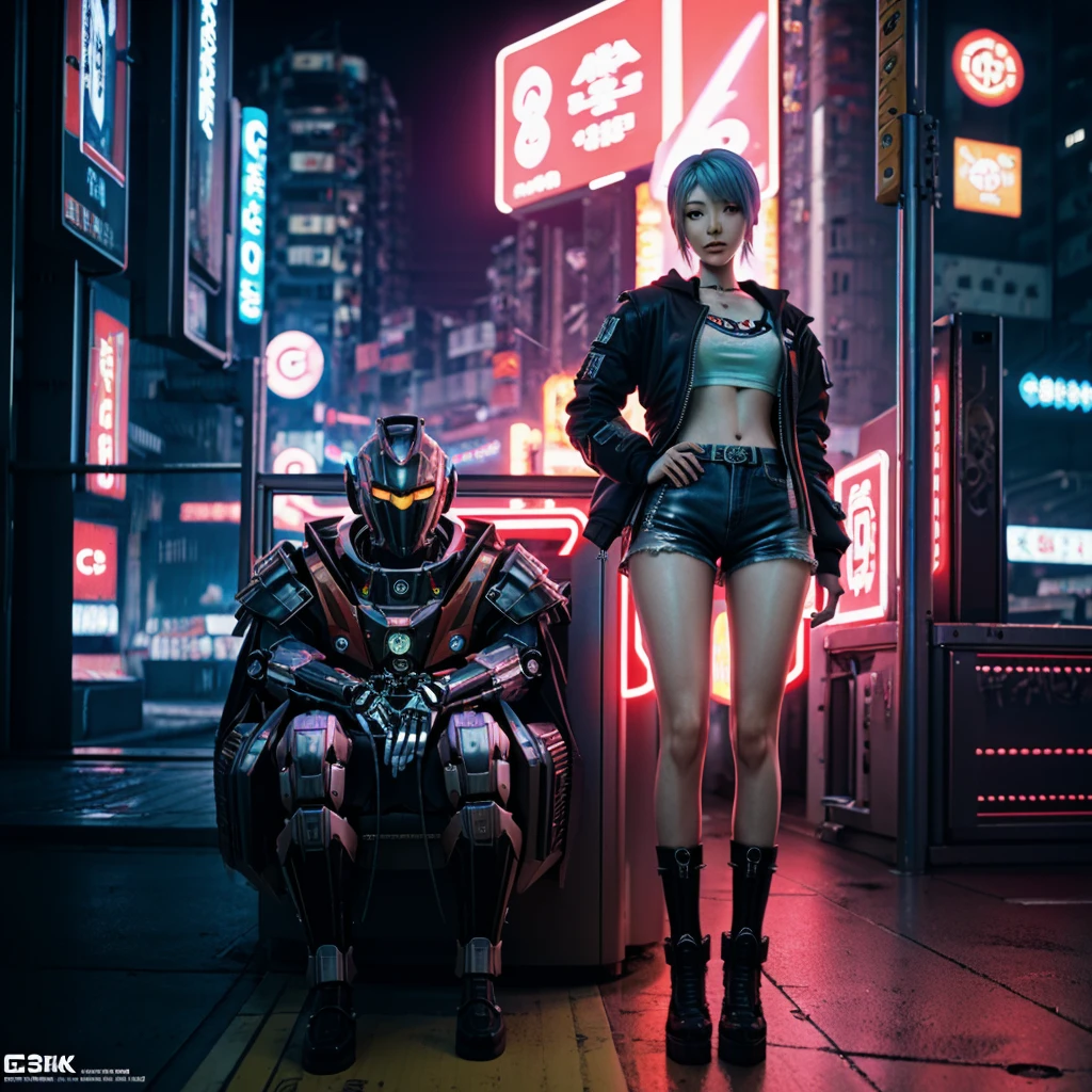 There's a woman standing next to an ultra-modern futuristic ship., objeto gigante, Bajo detalle. Pintura digital, WLOP y Krenz Cushart, cybernetic legs, inspirado por Craig Mullins, pies sensuales, pantorrillas contorneadas e ilustradas, Awesome Digital Illustration, inspirado por Krenz Cushart, CGsociety 9, concept art digital illustration, Pintura digital retrofuturista, inspirado por Mike Winkelmann, en el fondo un ambiente futurista de un paisaje moderno colorido. pattern, 2k, 2d, junquillo, Color rojo indio, color blanco, color negro, Neon yellow gray colors, con fondo blanco neon, blue neon, orange neon, red neon, pink neon, verde neon yellow neon, black, grey --auto