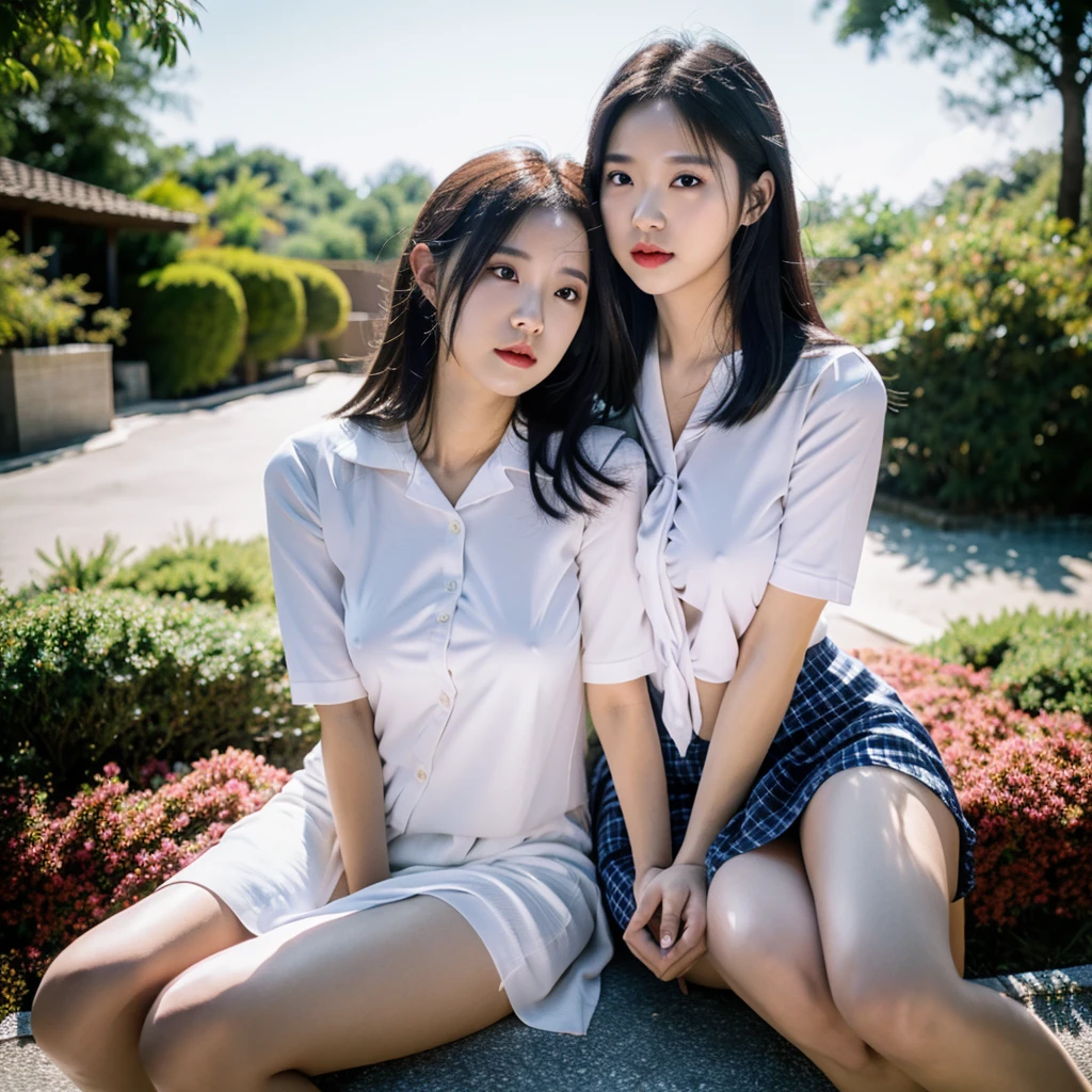 ulzzang-6500-v1.1, (top quality, masterpiece), (raw photo: 1.2), (photorealistic: 1.4), highest quality, master, very tasty and beautiful, highly detailed CG, 8k wallpaper, amazing fine details, master masterpiece, official art, huge file size, high resolution, (((2 girls kiss)), ( snugly next to each other without separation between characters), (there is no break in one piece), Japan under 18, Nogizaka girl, (representation of the human body based on precise anatomy), Japan schoolgirl uniform, (neat white plain blouse of smooth sheer fabric with ribbon tie), (ultra mini navy blue tartan check pleated skirt), ( Everyone is wearing the same clothes), (tightly dressed), (less exposed upper body), (white panties), ((fastens all buttons of blouse)), blonde, (skinny), ((very large breasts)), (very expansive breasts), (cramped clothes)), (no bra), (only the area shows through the skin tone)), (black areolas), (small prickles), ( big buttocks), (thin thighs), (large eyes), very beautiful eyes, bright ultramarine eyes, (detailed pupils reflecting light), (the iris of the eye is painted in detail with a fine radial pattern), (the whites of the eyes look a little dark), (the upper 30% of the eyes have shadows), double eye lids, (half-open eyes and mouth and sleepy expression), no makeup, (nose very low and wide), natural eyebrows, Realistic shading assuming light source, cute girl and beauty, (whitening skin), baby face, smile, long hair in half, cuddling, cheeks sticking together, arms crossed like lovers, looking at the other person, plucking the part of the clothes, frame-in from the thighs up, beautiful garden with flowers, dark cloudy sky,