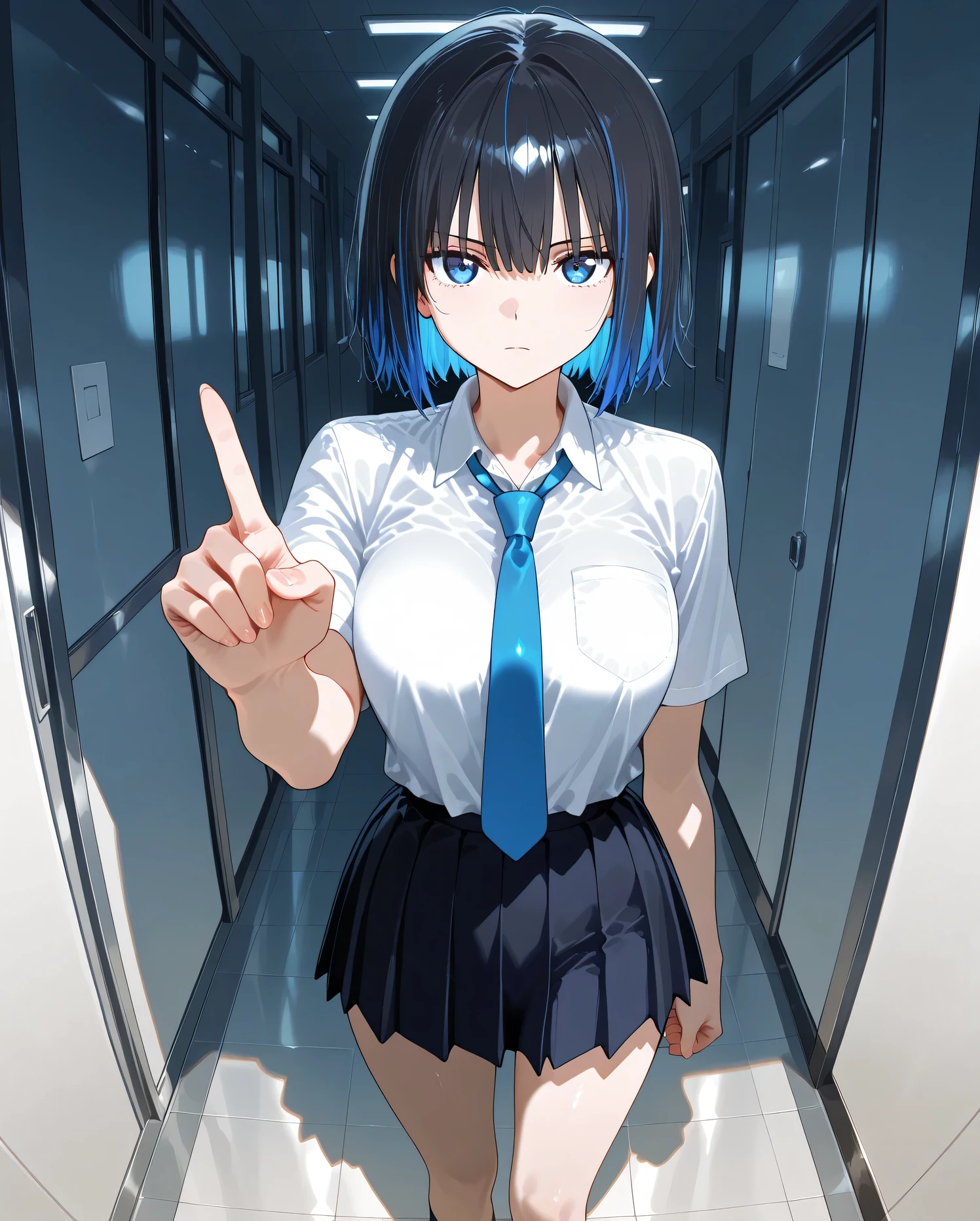 masterpiece, best quality, amazing quality, anime screencap, 1girl, solo, short black hair with a bluish tint and inner blue highlights, deep blue eyes, school uniform with blue necktie, serious and cool expression, stylish pose, low-angle fisheye perspective, dramatic foreshortening, standing confidently in empty hallway, light reflecting off polished floor, dynamic perspective, sense of presence, ((five fingers:1.3)), ((accurate hands:1.3)), ((correct finger count:1.2)), ((detailed fingers:1.2)),