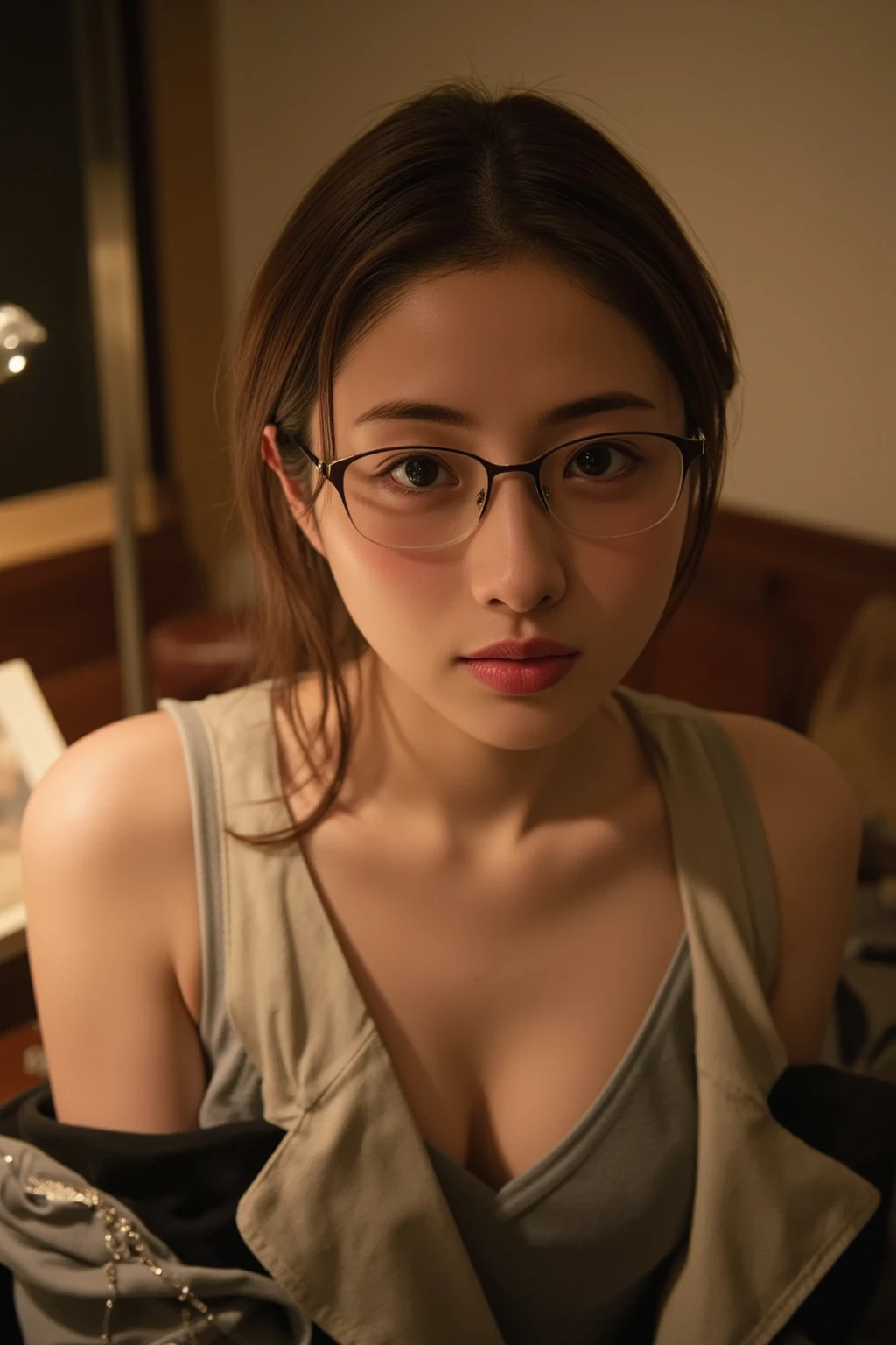 (A Japanese woman standing facing this way:1.4、A woman arguing with a stern look on her face、Hold up your finger and look here)、(Realistic、Like a photograph、Live Action、8k, Realistic, RAW Photos, Best image quality: 1.4), Single-lens reflex camera、RAW Photos, Highest quality, Realistic, Very detailed CG Unity 8k wallpaper, Written boundary depth, Cinematic Light, Lens flare, Ray Tracing, Realistic background、(Wearing glasses:1.4、Sleeveless ruffled blouse、Tight long skirt:1.3、mermaidskirt、Small breasts)、((Ultra-dense skin))、 Cute Japanese Woman、((whole body:1.5),short hair:1.2、Short Ponytail、tie your hair with a hair clip、I like that style、stylish、Very detailed、Pay attention to the details、Perfect outfit、(Sunburned skin)、View from the front