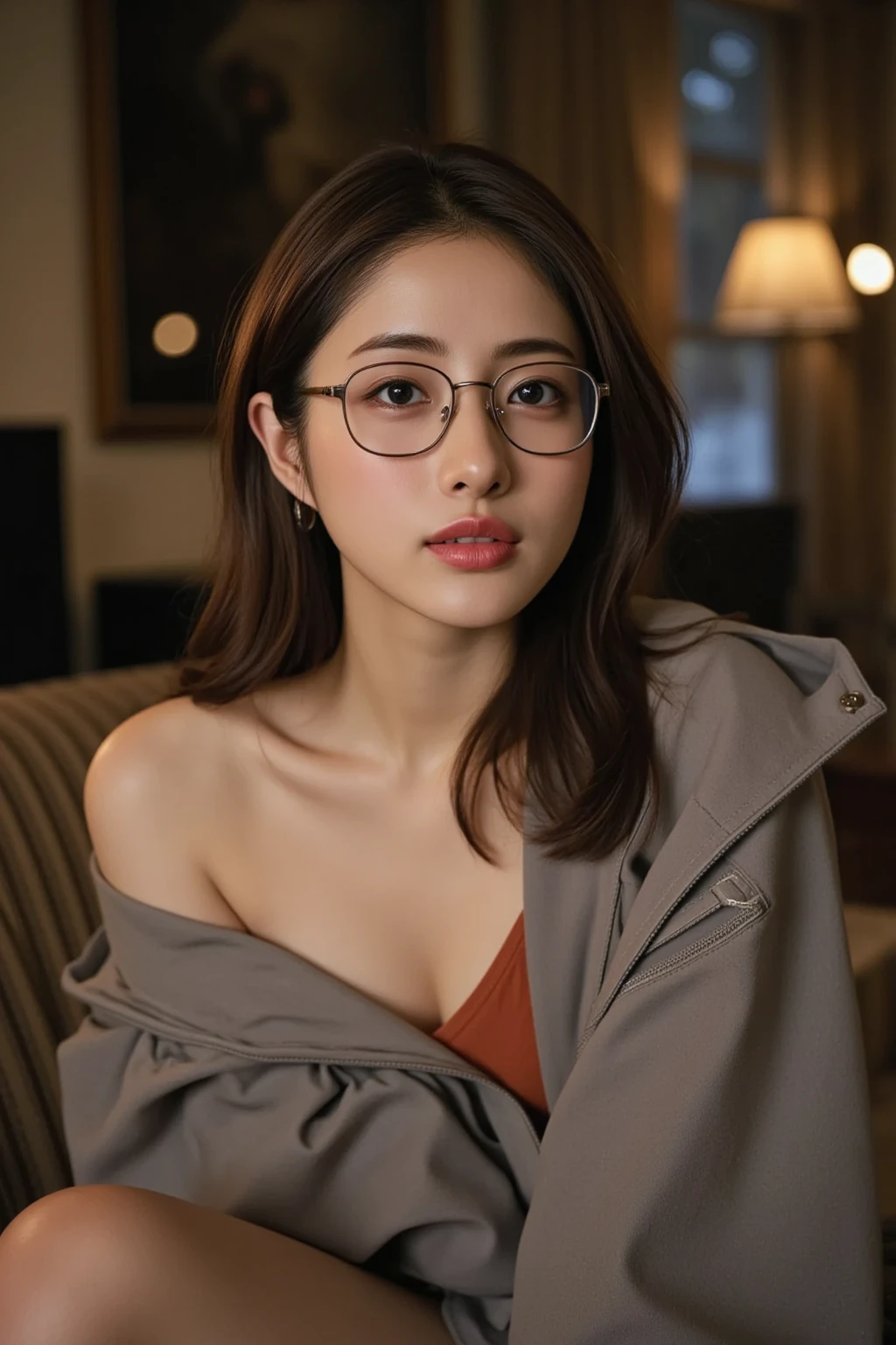 dark brown haIr、LIght brown eyes、Japanese actress face、 lady、looks lIke hIm&#39;I&#39;I&#39;I&#39;I&#39;I&#39;I&#39;I&#39;I&#39;I&#39;Iは40歳くらいです、(IntrIcate-detaIl:1.2)、(top-qualIty:1.4)、 (超A hIgh resolutIon:1.2)、超A hIgh resolutIon、(A detaIled eye)、(detaIled facIal features)、nffsw、8K resolutIon、D cup breasts、long hair、white clothes、troubled expression、Terrace cafe on the street with a flower shop、, flowers, a bustling magical town, mediterranean fishing village, Mediterranean cities, Sitting on sofa in café、beautiful feet、Scenery of magenta flowers in full bloom、sideways pose、彼は少し顎を上げて横目でIを見つめます.、Weak contrast、wearing glasses、
