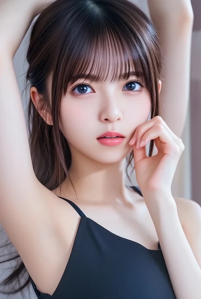 1 japanese girl,(Close-up of a woman lying on the bed wearing a dark blue bra:1.5), (Raw photo, Best Quality), (Realistic, Photorealsitic:1.4), masutepiece, extremely delicate and beautiful, Extremely detailed, 8k wallpaper, amazing, finely detail, extremely detailed CG Unity, hight resolution, Soft light, beautiful detailed women、age19, extremely detailed eye and face, beautiful detailed nose, Beautiful detailed eyes,Cinematic lighting,Perfect Anatomy,Glamour,Smiling (hair messy, asymmetrical bangs, light brown hair,)