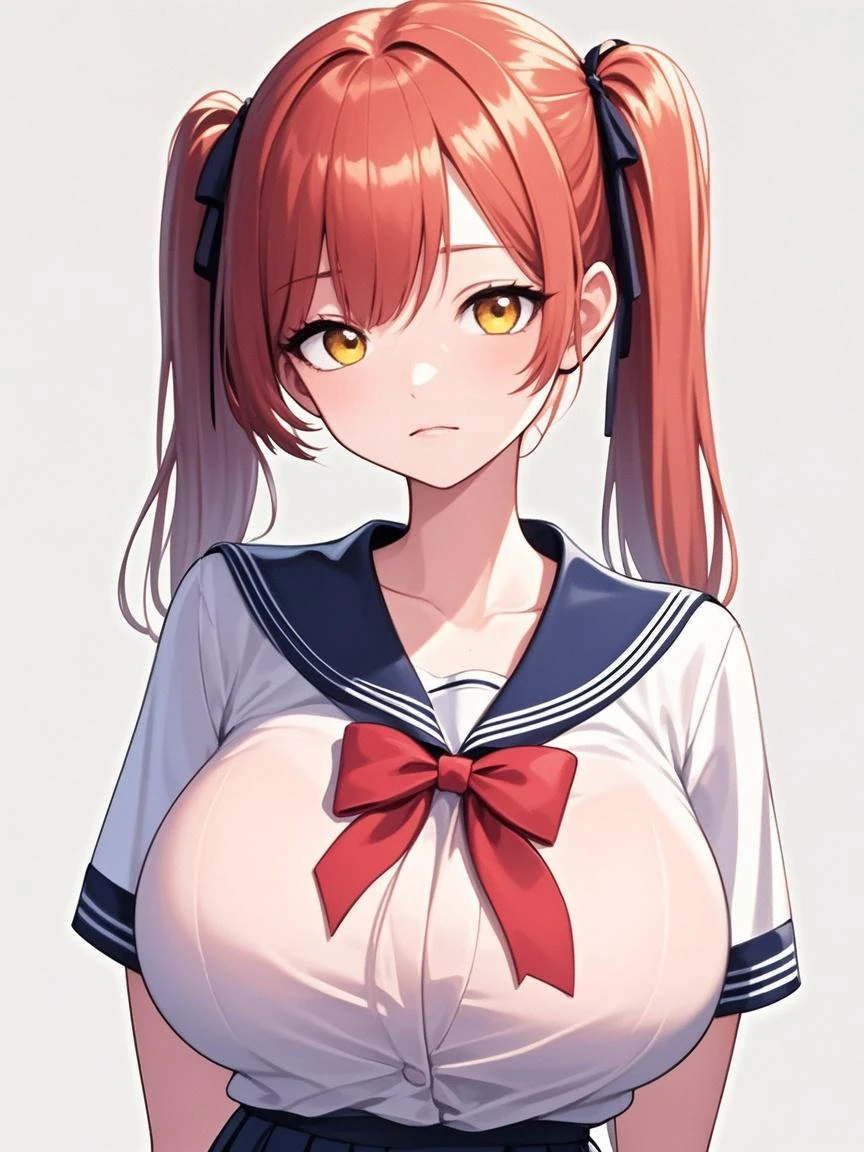 komaro, blue eyes, Orange Hair, , bangs, Hair between the eyes, Long Hair, Long sleeve, , Seraph, Sailor collar, (White shirt:1.2), Pleated skirt, Black Pantyhose,gigantic breasts,, Highest quality, masterpiece, High resolution,