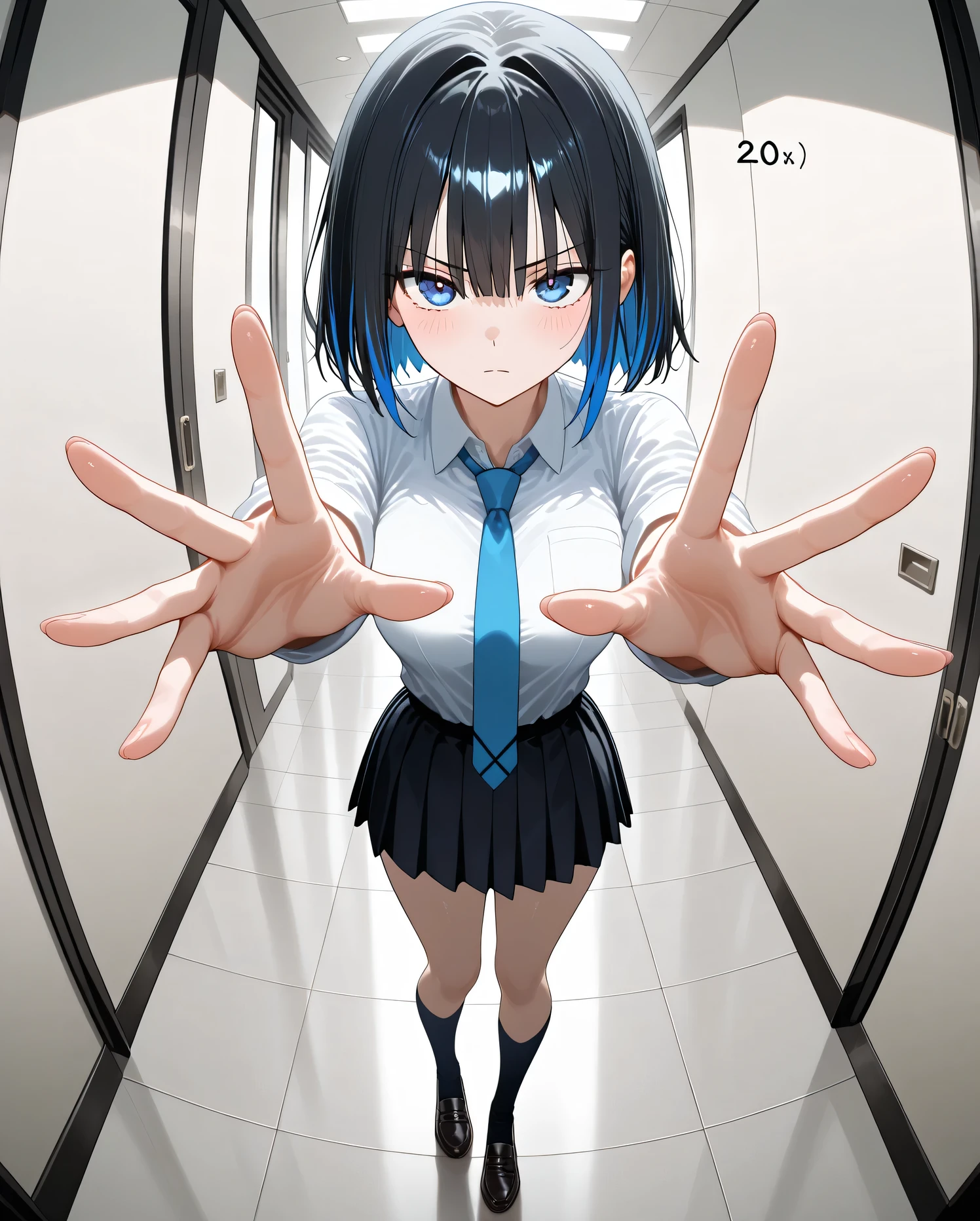 masterpiece, best quality, amazing quality, anime screencap, 1girl, solo, short black hair with a bluish tint and inner blue highlights, deep blue eyes, school uniform with blue necktie, serious and cool expression, stylish pose, low-angle fisheye perspective, dramatic foreshortening, standing confidently in empty hallway, light reflecting off polished floor, dynamic perspective, sense of presence, ((five fingers:1.3)), ((accurate hands:1.3)), ((correct finger count:1.2)), ((detailed fingers:1.2)),